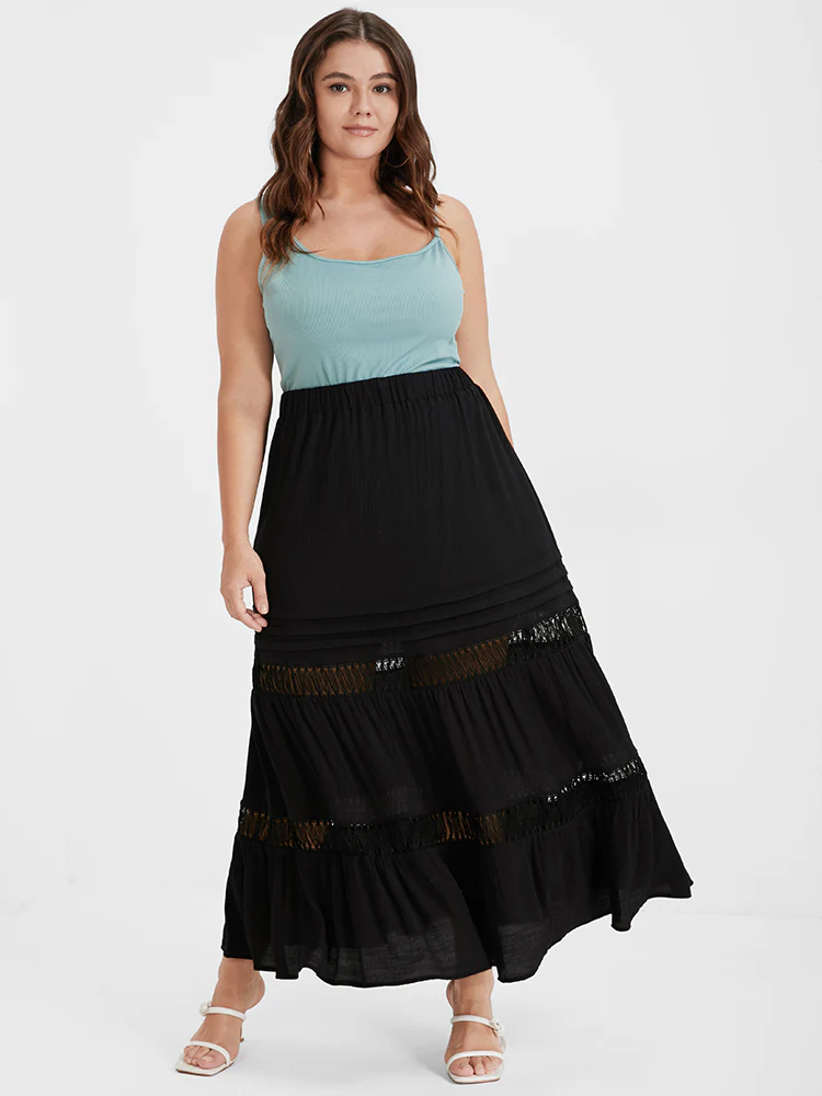 Eyelet Lace Patchwork Elastic Waist   Skirt - Image 3
