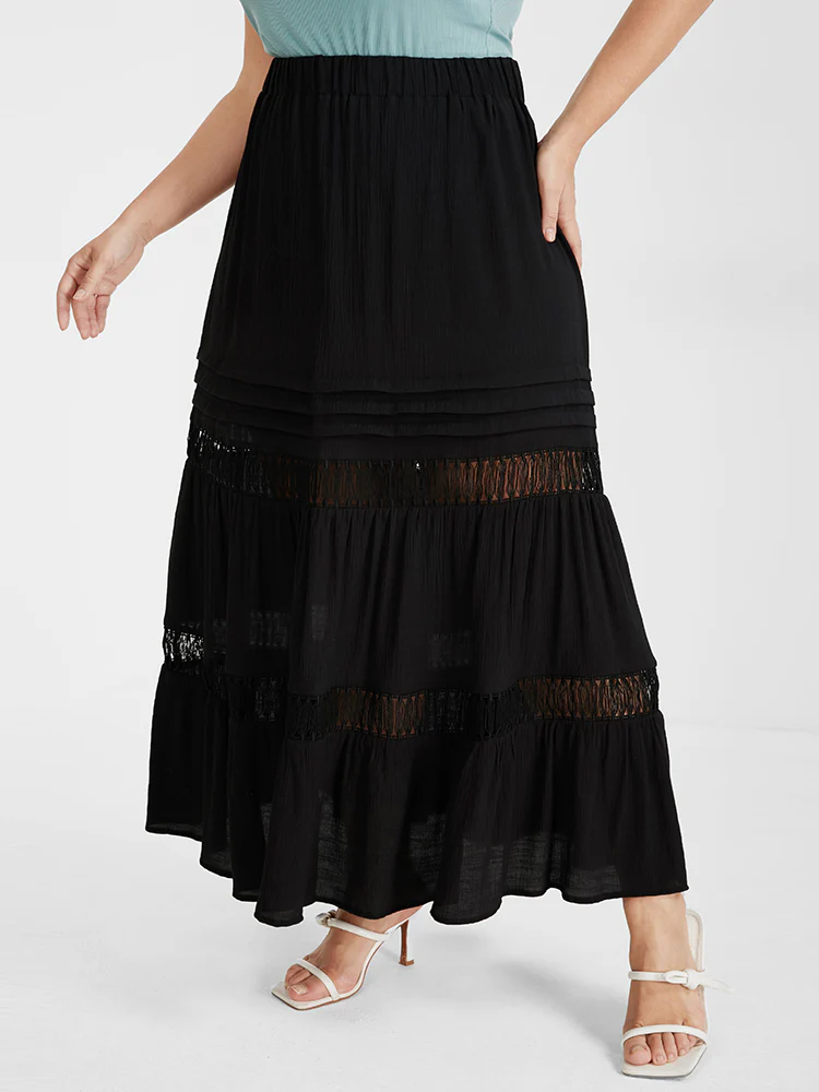 Eyelet Lace Patchwork Elastic Waist   Skirt - Image 4