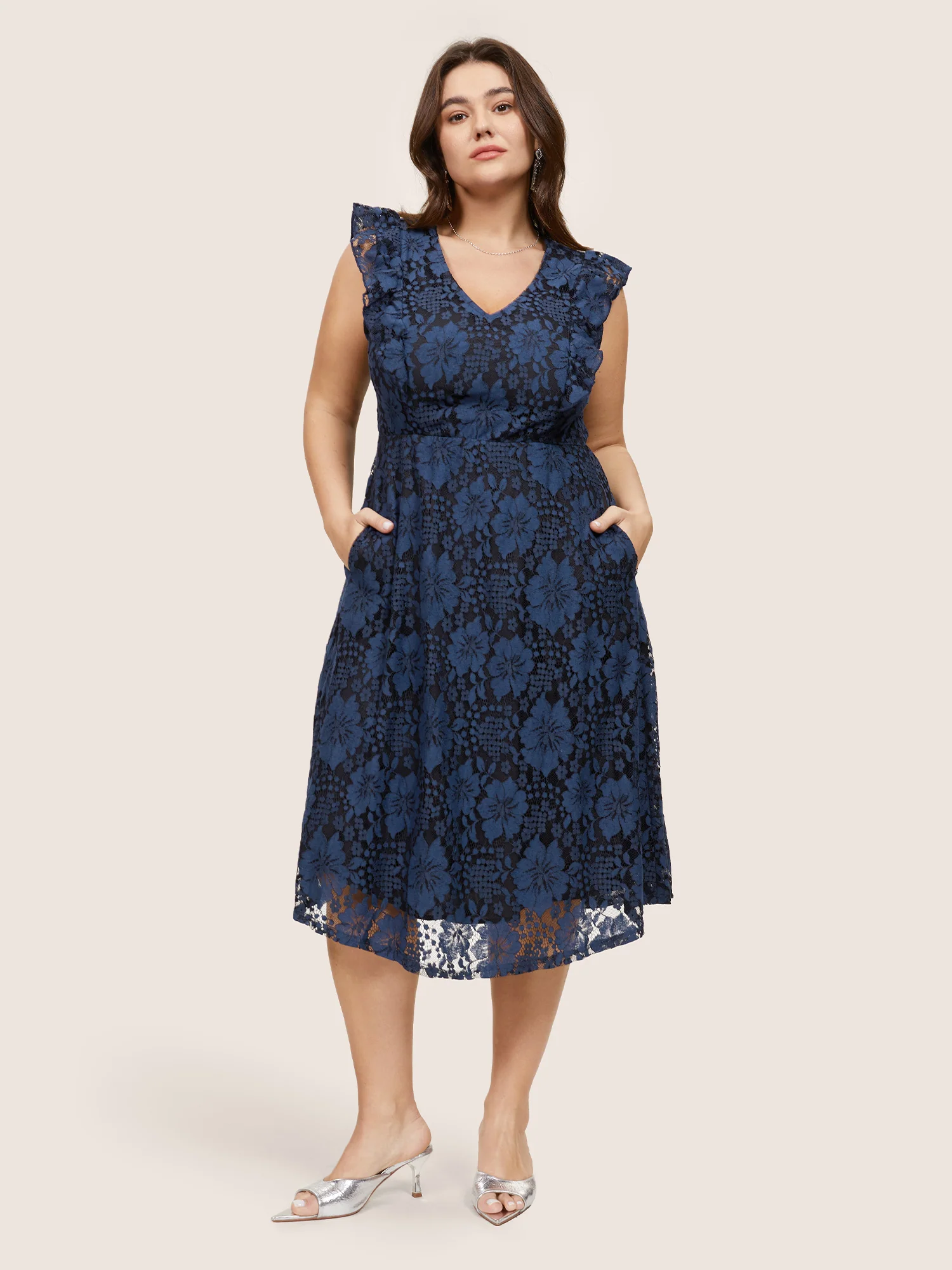 Eyelet Lace Pocket Ruffle Trim Sleeveless Dress - Image 3