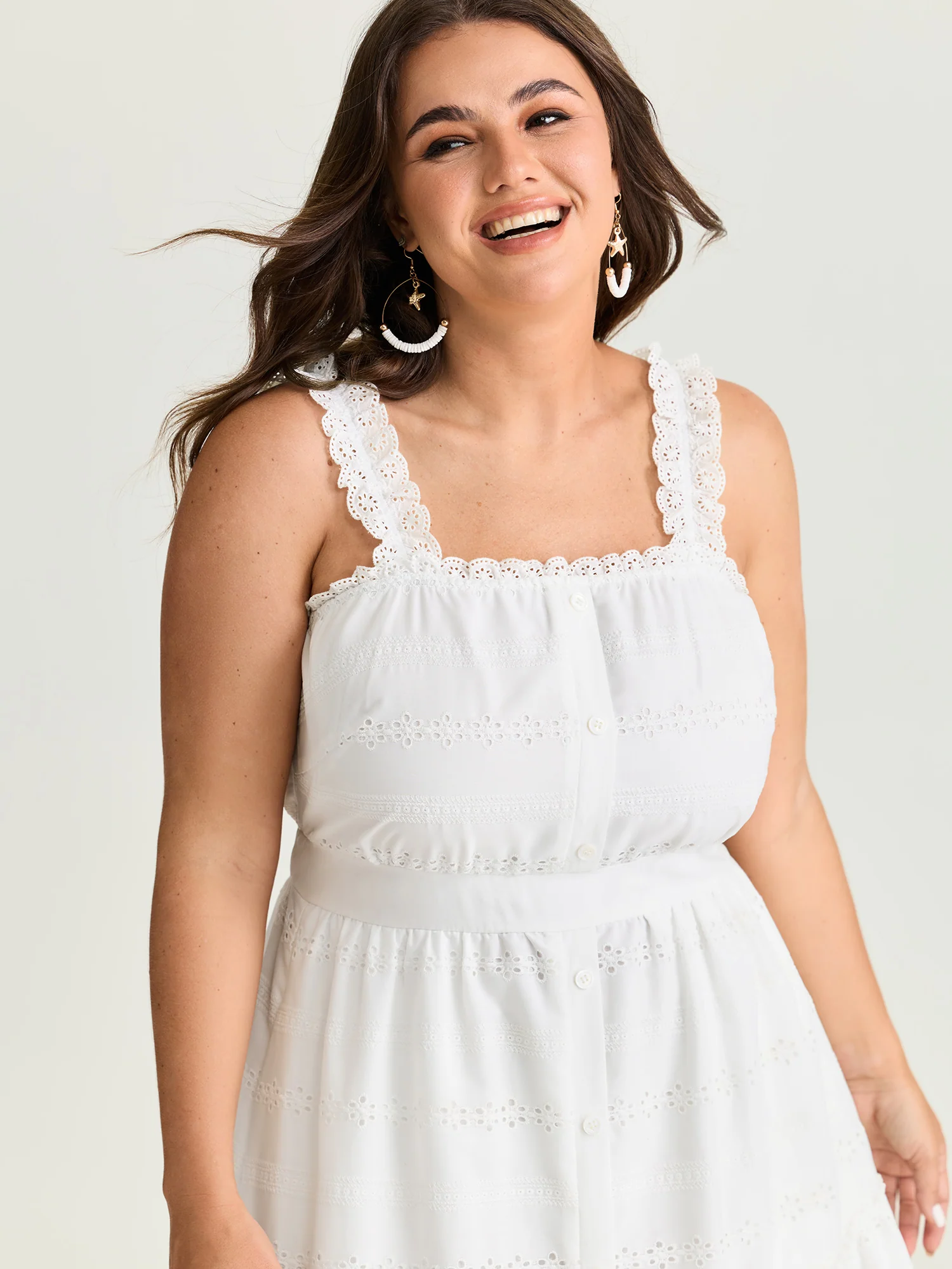 Eyelet Lace Trim Straps Tiered Midi Dress - Image 2