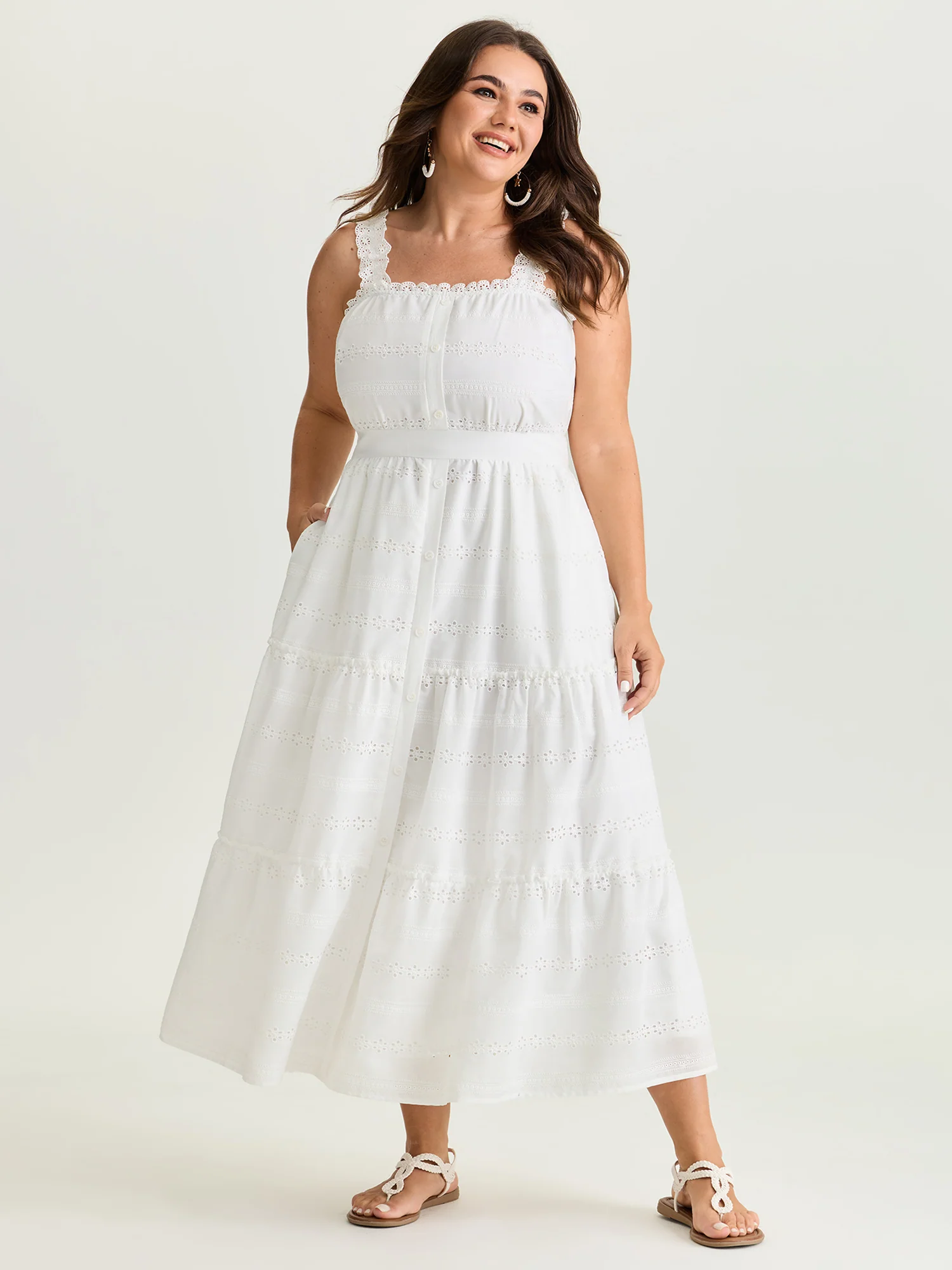 Eyelet Lace Trim Straps Tiered Midi Dress - Image 3