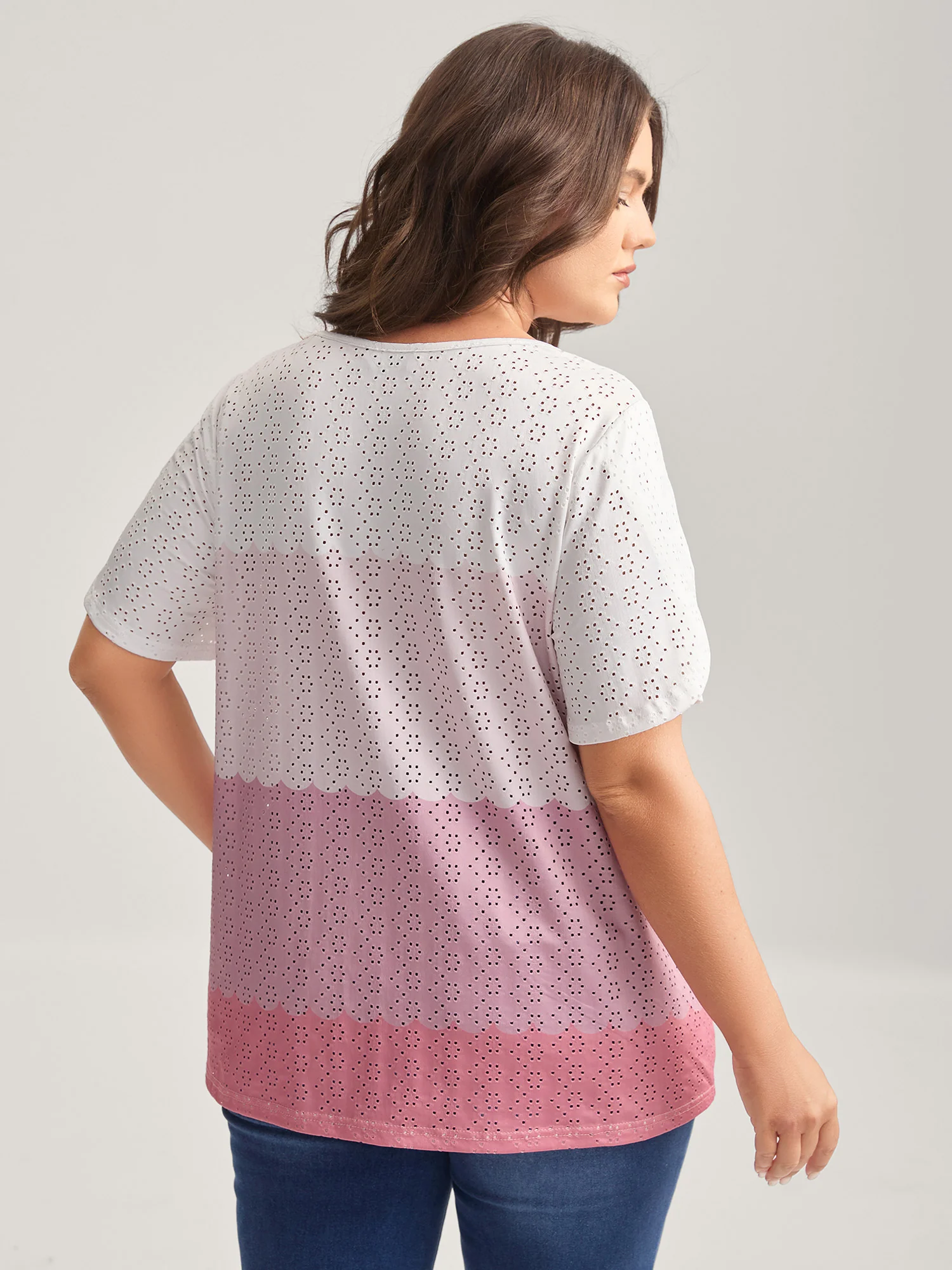 Eyelet Trim Color Block Stretchy T-Shirt - Image 2