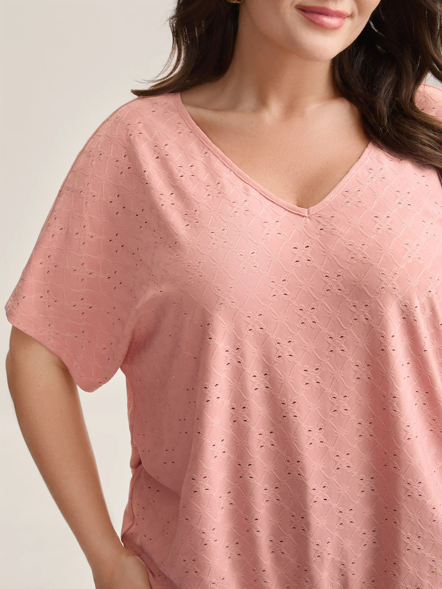 Eyelet Trim Flared Sleeve Shirred Hem Top - Image 2