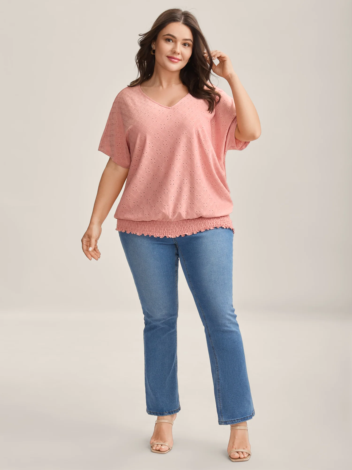 Eyelet Trim Flared Sleeve Shirred Hem Top - Image 3
