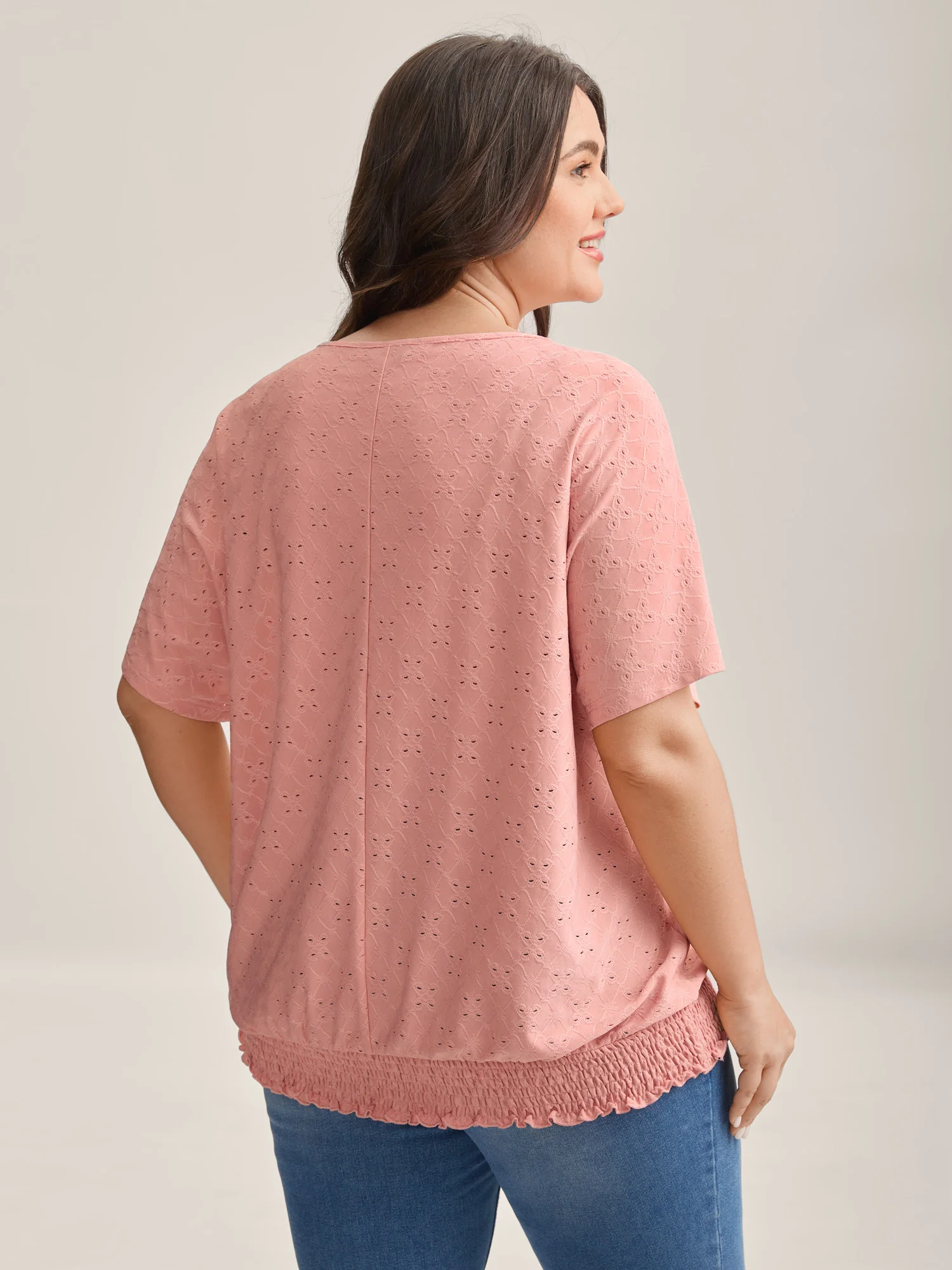 Eyelet Trim Flared Sleeve Shirred Hem Top - Image 4