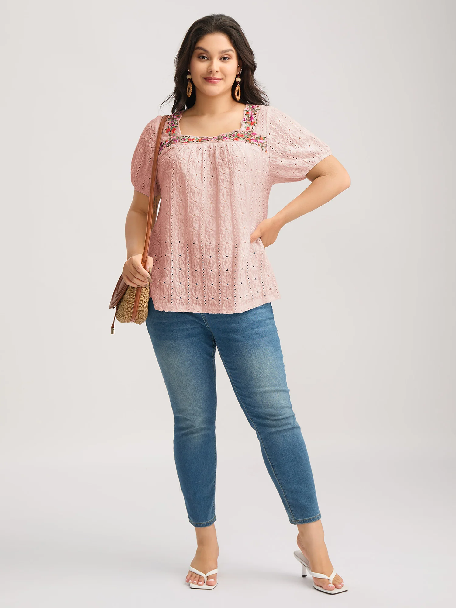 Eyelet Trim Floral Embroidered Solid T-Shirt - Image 10