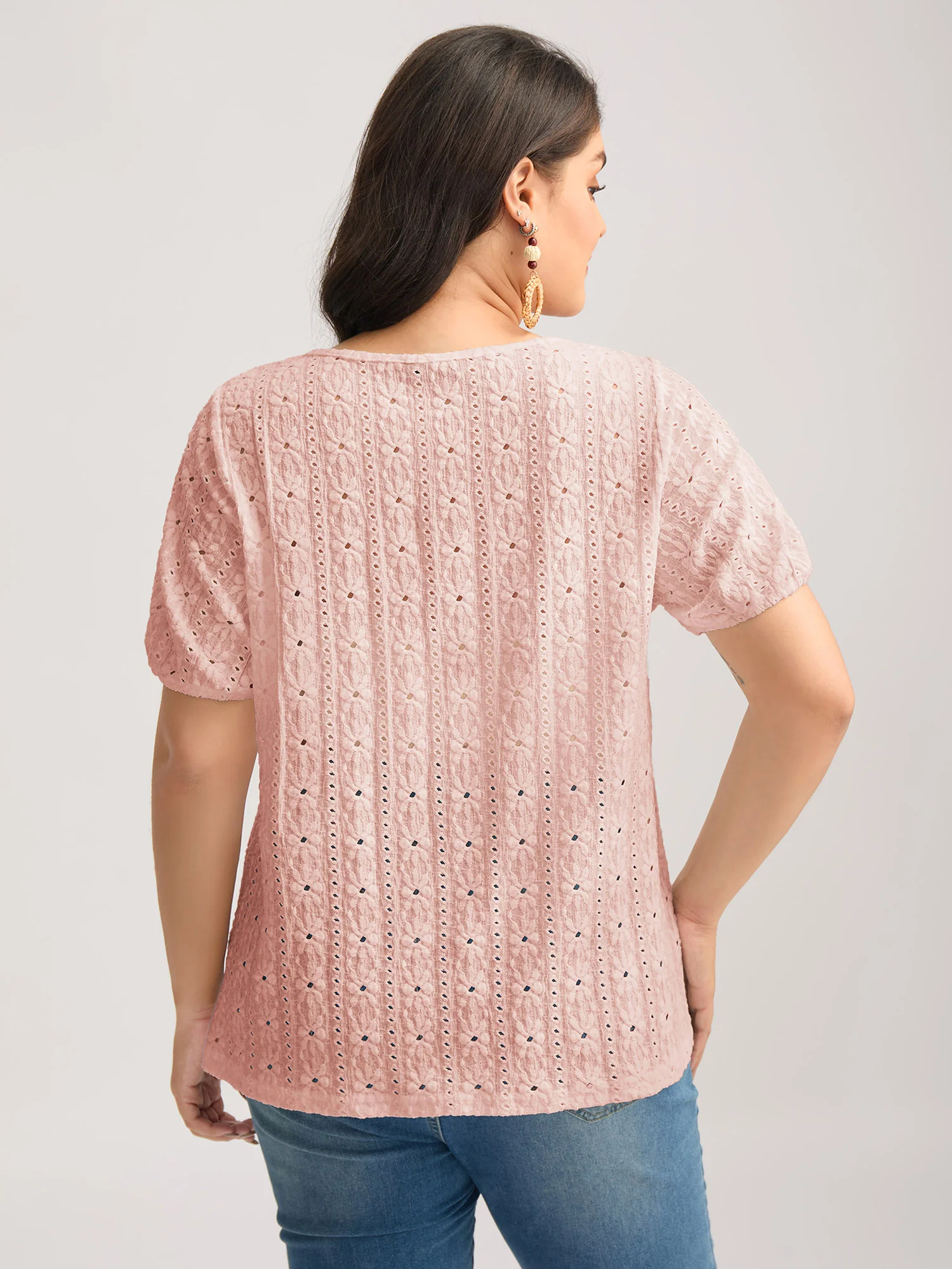 Eyelet Trim Floral Embroidered Solid T-Shirt - Image 11