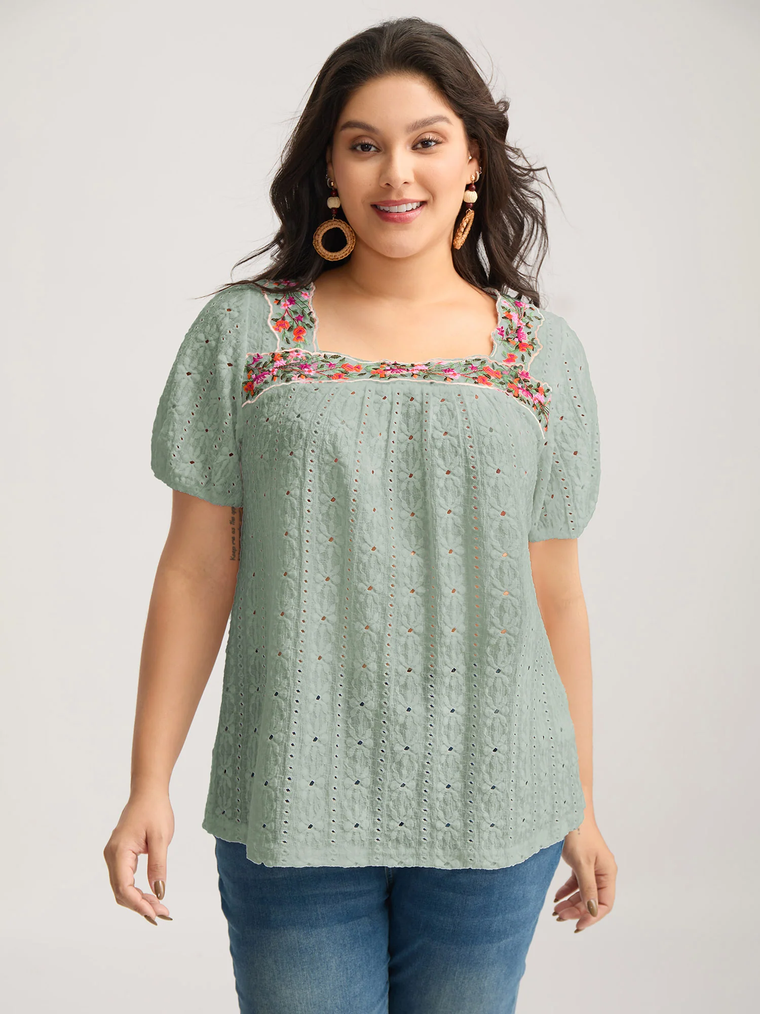 Eyelet Trim Floral Embroidered Solid T-Shirt - Image 13