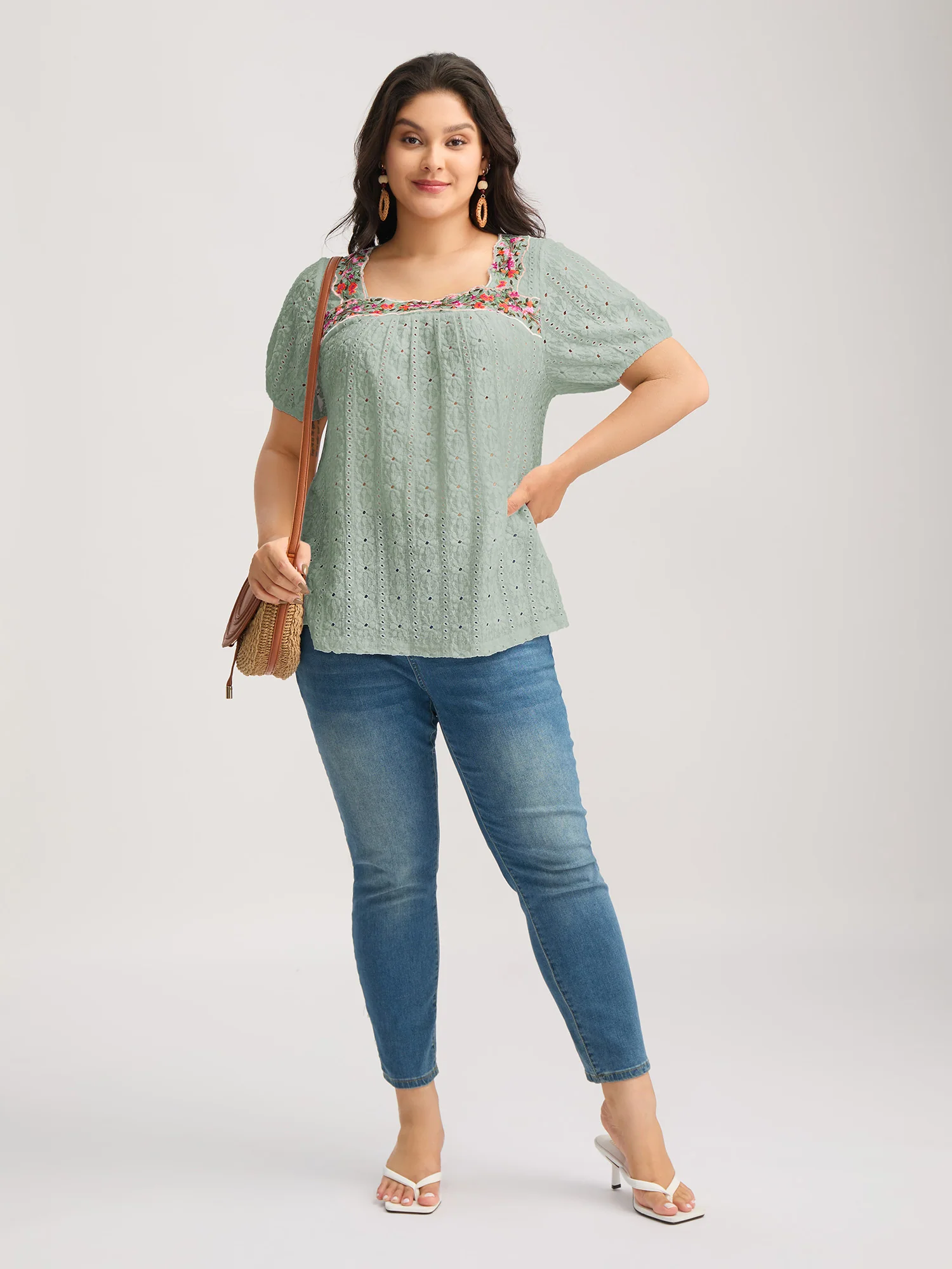 Eyelet Trim Floral Embroidered Solid T-Shirt - Image 14