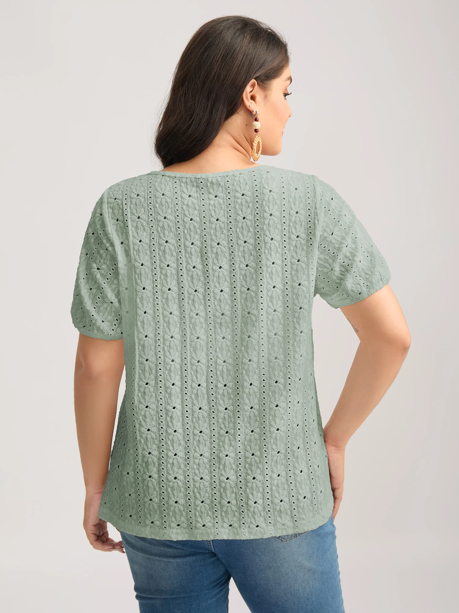 Eyelet Trim Floral Embroidered Solid T-Shirt - Image 15