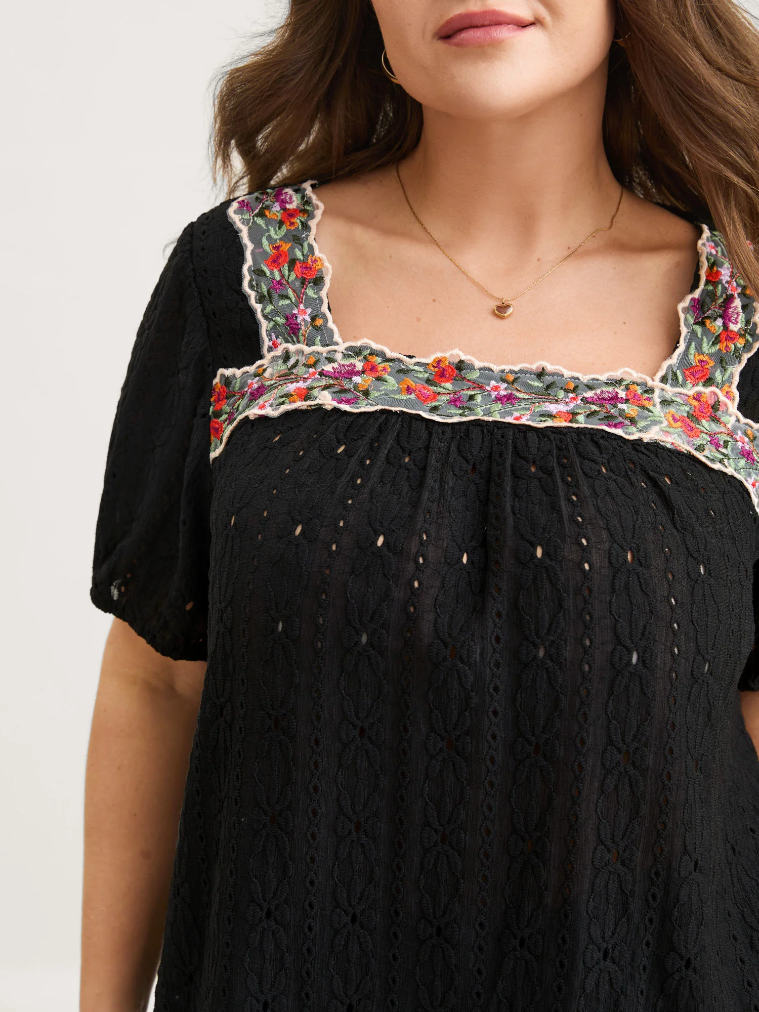 Eyelet Trim Floral Embroidered Solid T-Shirt - Image 16