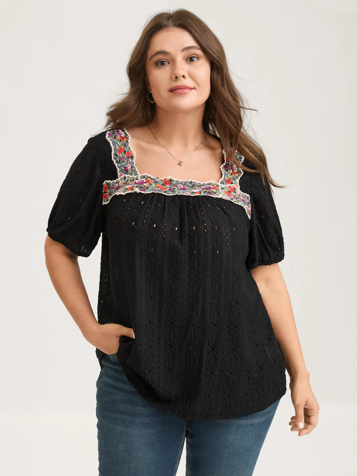 Eyelet Trim Floral Embroidered Solid T-Shirt - Image 17