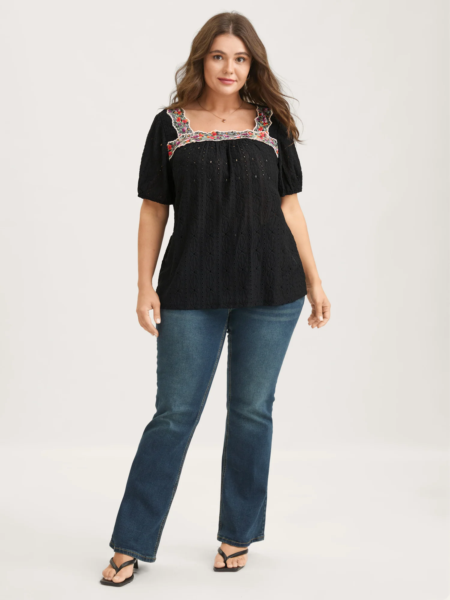 Eyelet Trim Floral Embroidered Solid T-Shirt - Image 18
