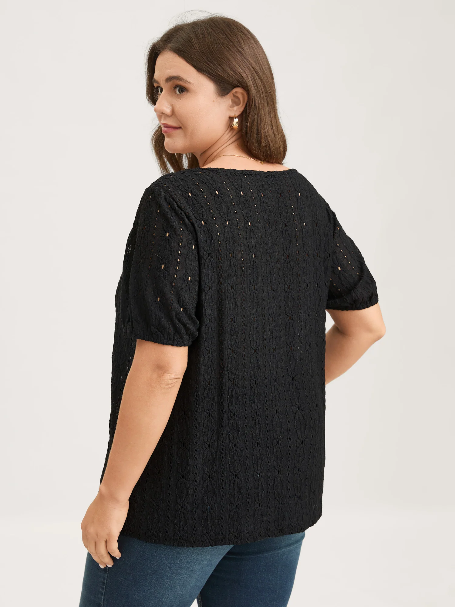 Eyelet Trim Floral Embroidered Solid T-Shirt - Image 19
