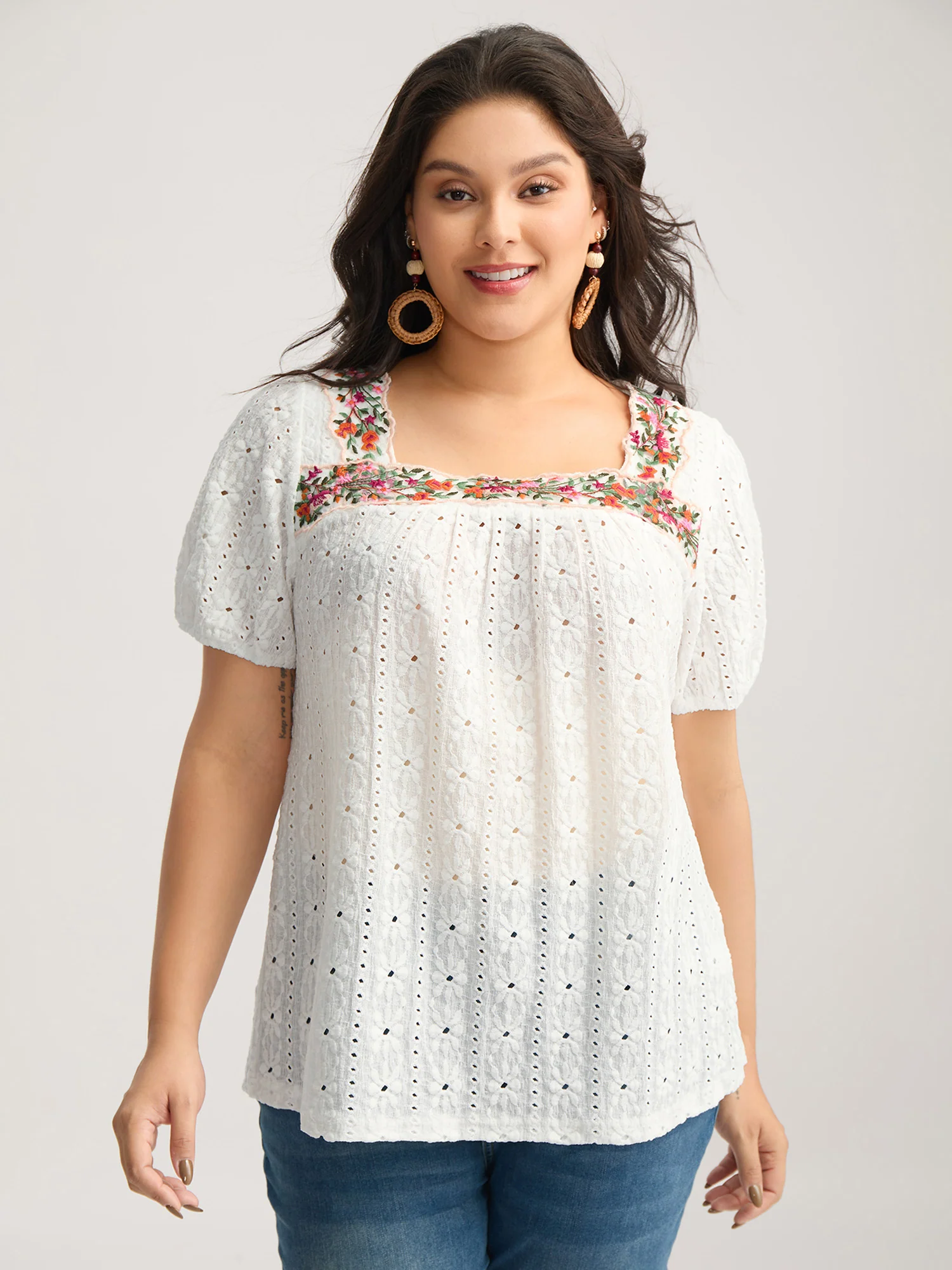 Eyelet Trim Floral Embroidered Solid T-Shirt - Image 2