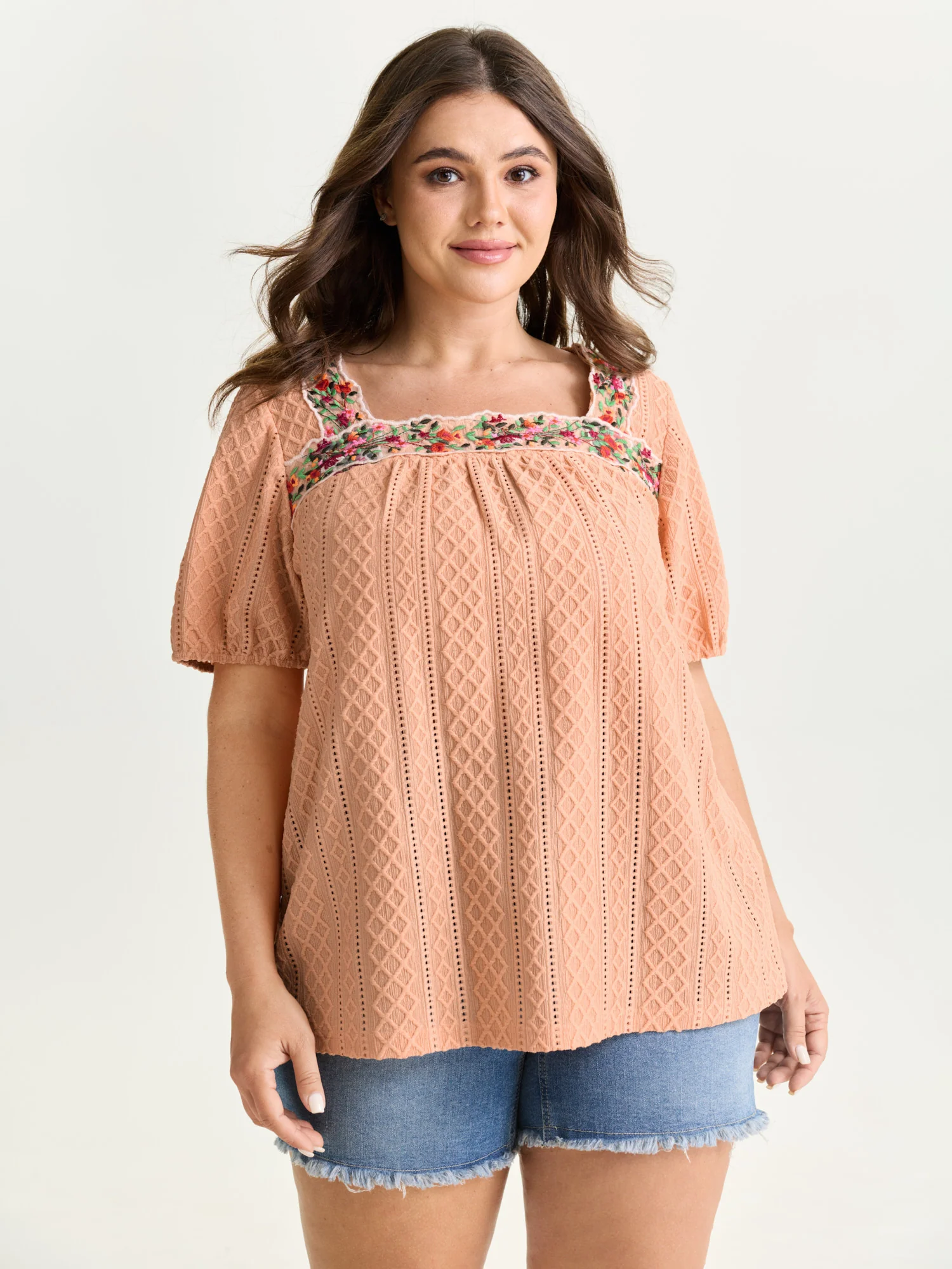 Eyelet Trim Floral Embroidered Solid T-Shirt - Image 20