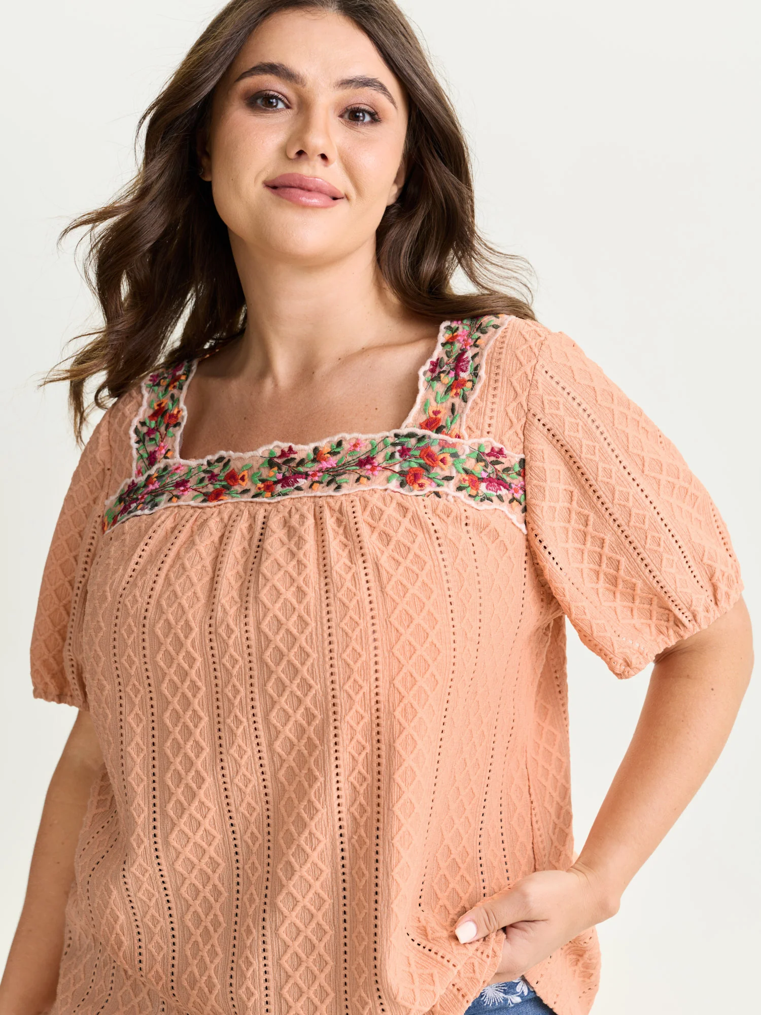 Eyelet Trim Floral Embroidered Solid T-Shirt - Image 21