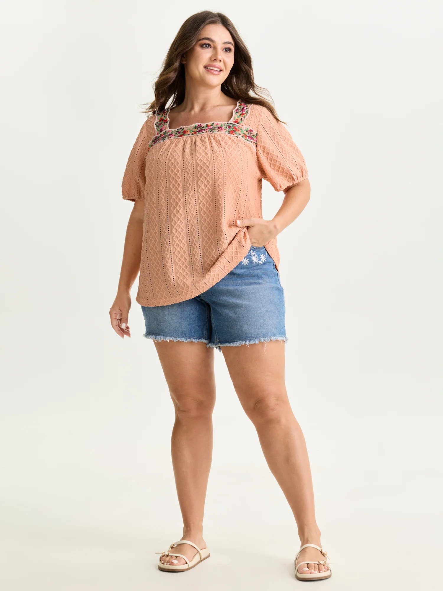 Eyelet Trim Floral Embroidered Solid T-Shirt - Image 22
