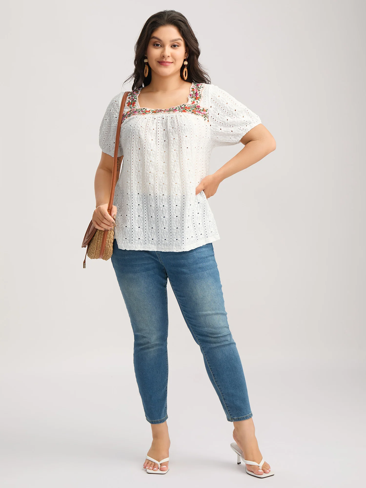 Eyelet Trim Floral Embroidered Solid T-Shirt - Image 3