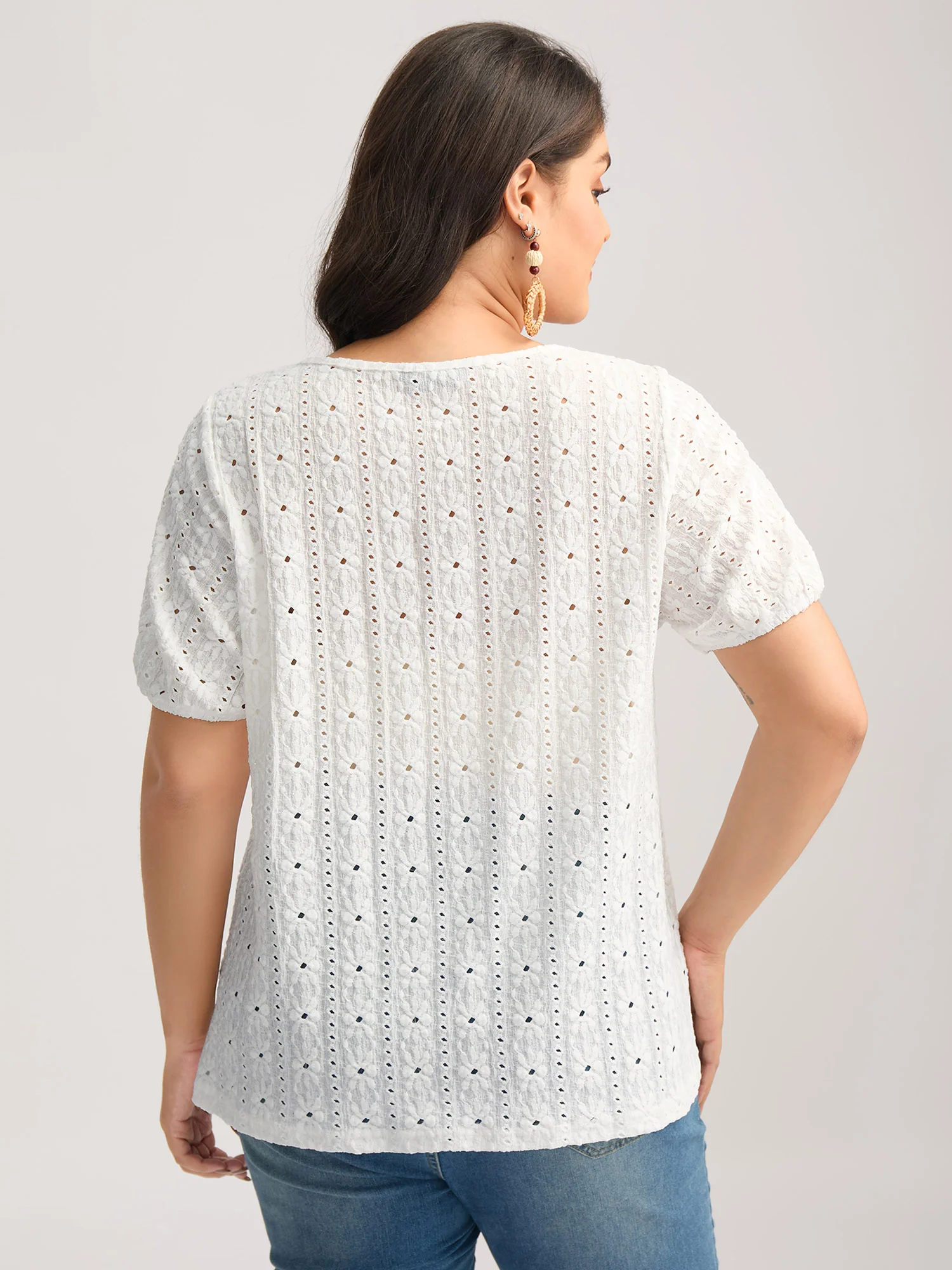 Eyelet Trim Floral Embroidered Solid T-Shirt - Image 4