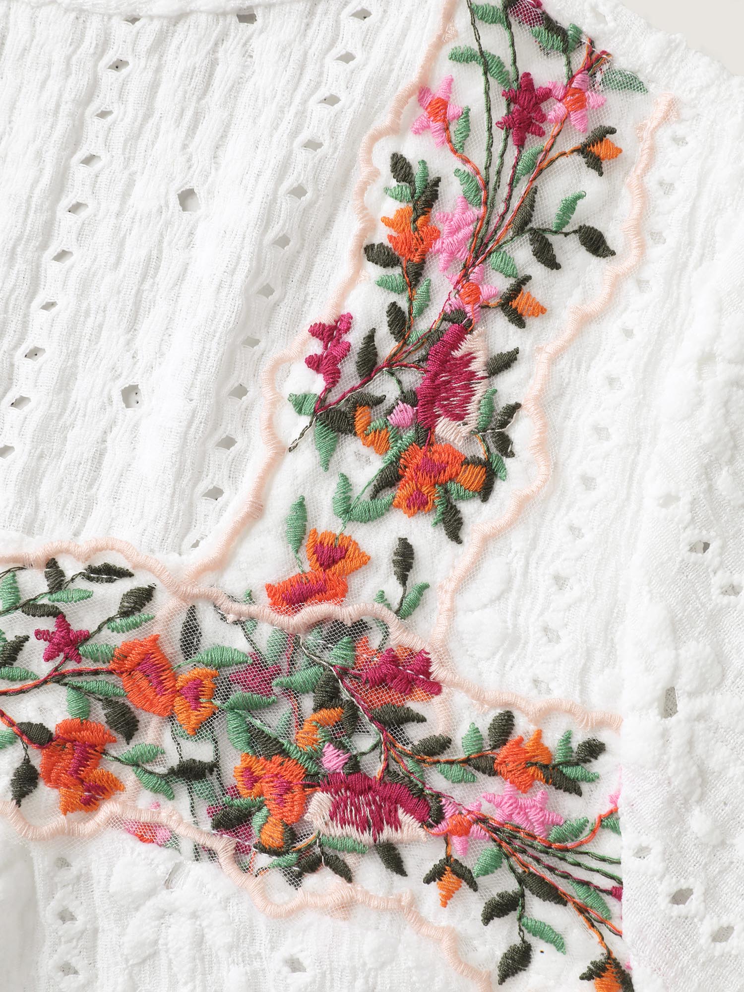 Eyelet Trim Floral Embroidered Solid T-Shirt - Image 6