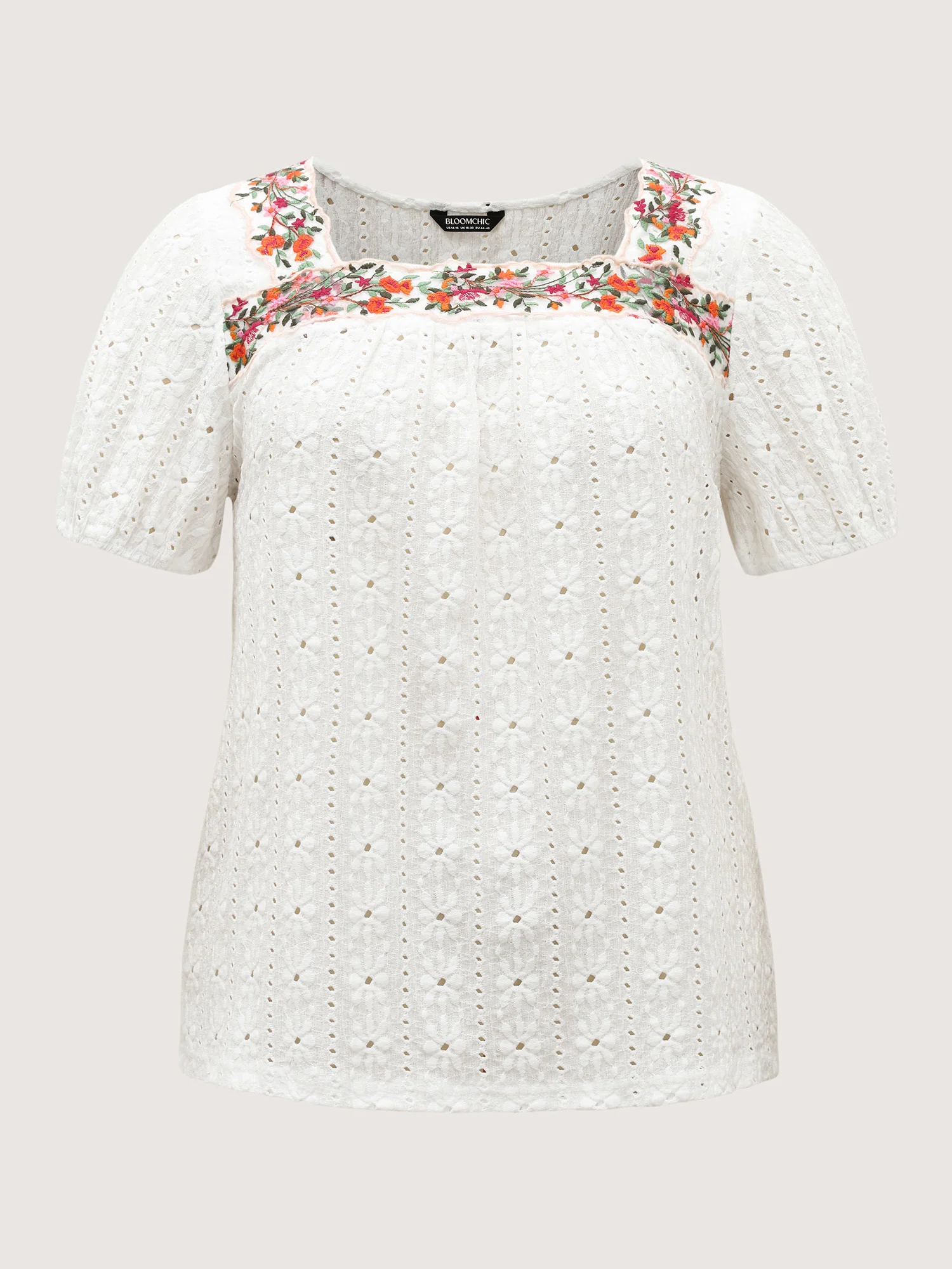 Eyelet Trim Floral Embroidered Solid T-Shirt - Image 7