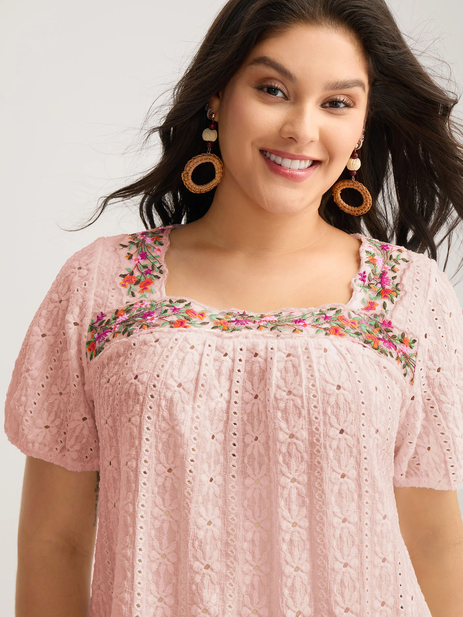 Eyelet Trim Floral Embroidered Solid T-Shirt - Image 8