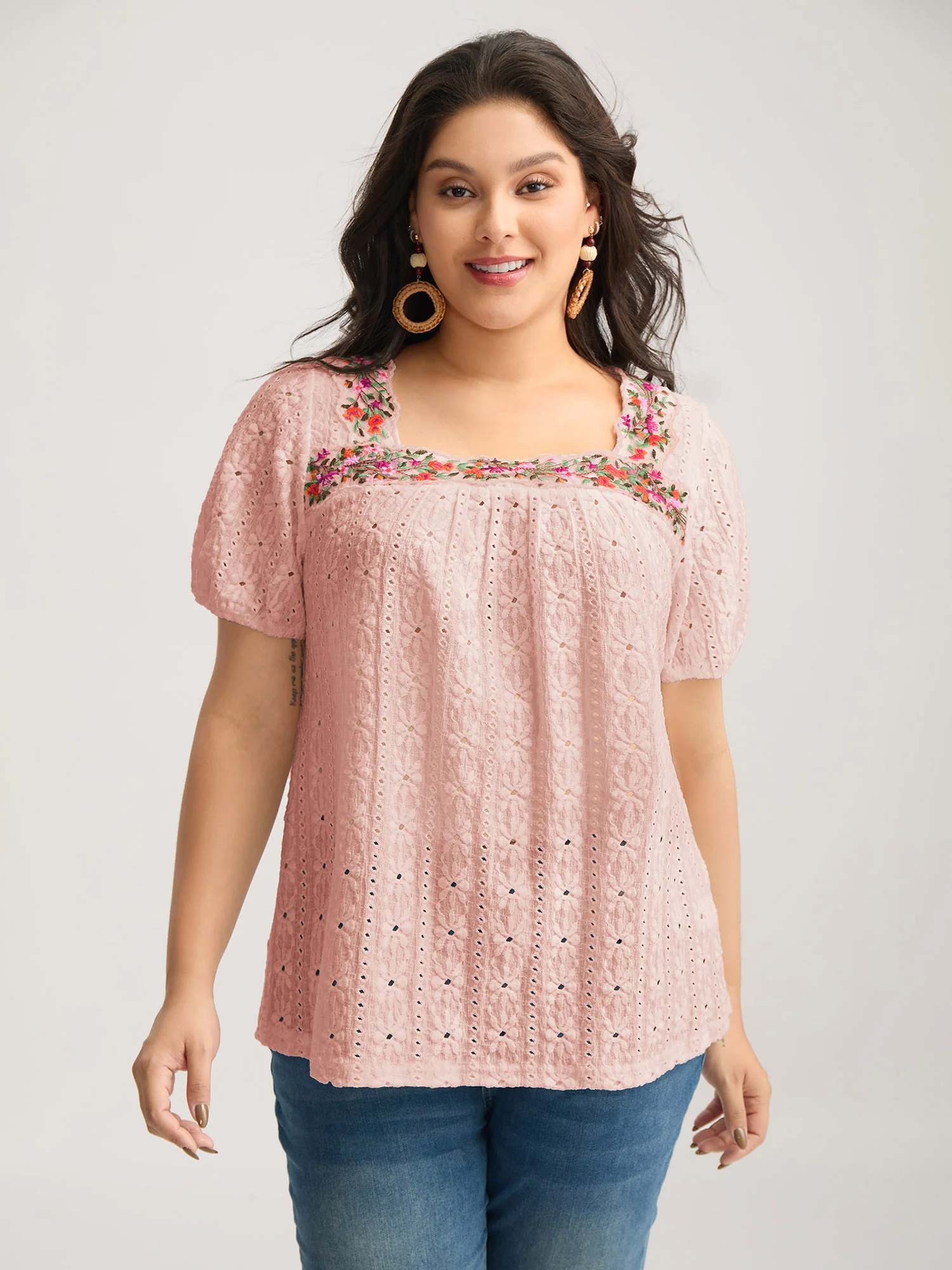 Eyelet Trim Floral Embroidered Solid T-Shirt - Image 9