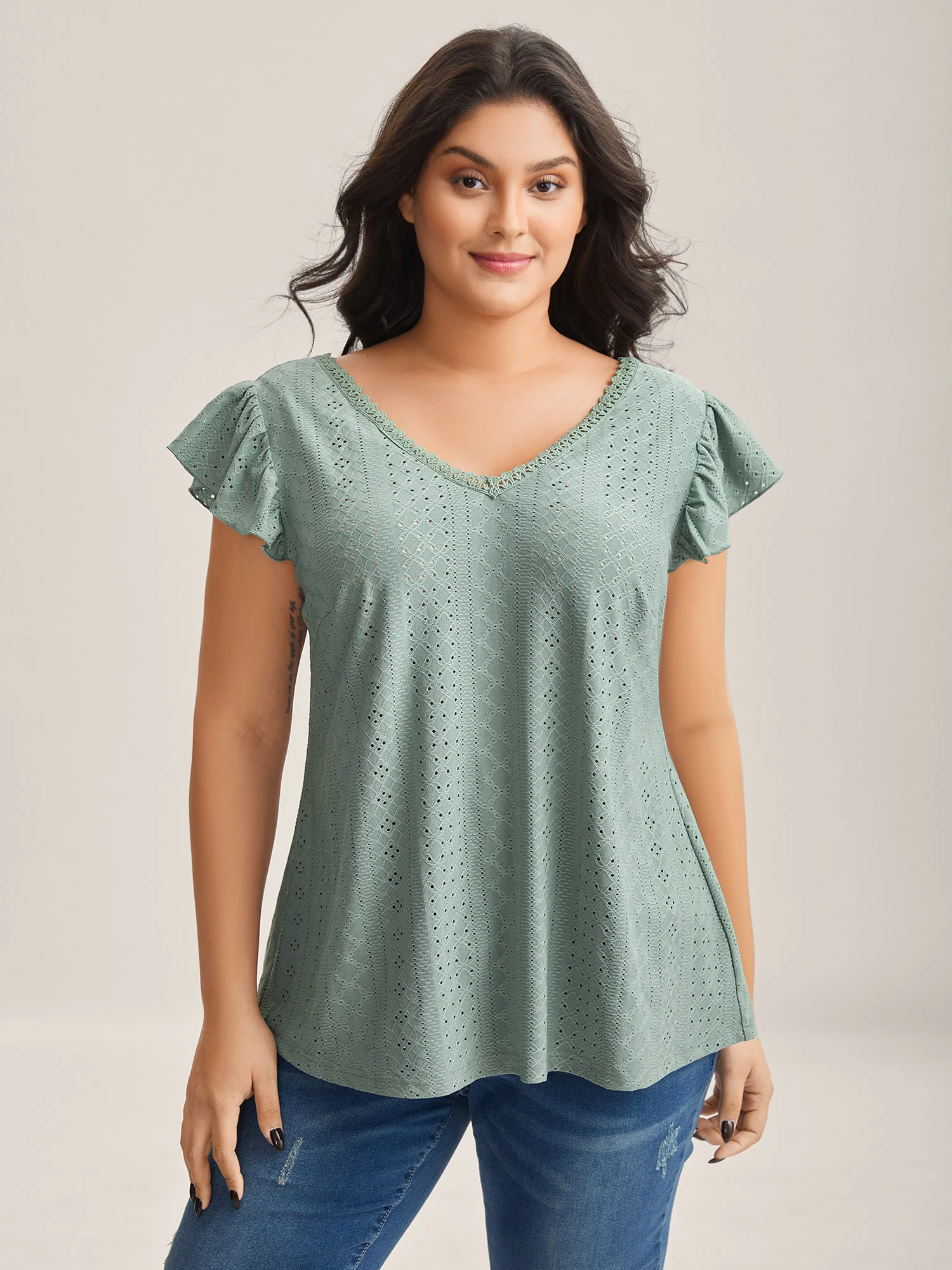 Eyelet Trim Flutter Sleeve Backless T-Shirt - Image 2