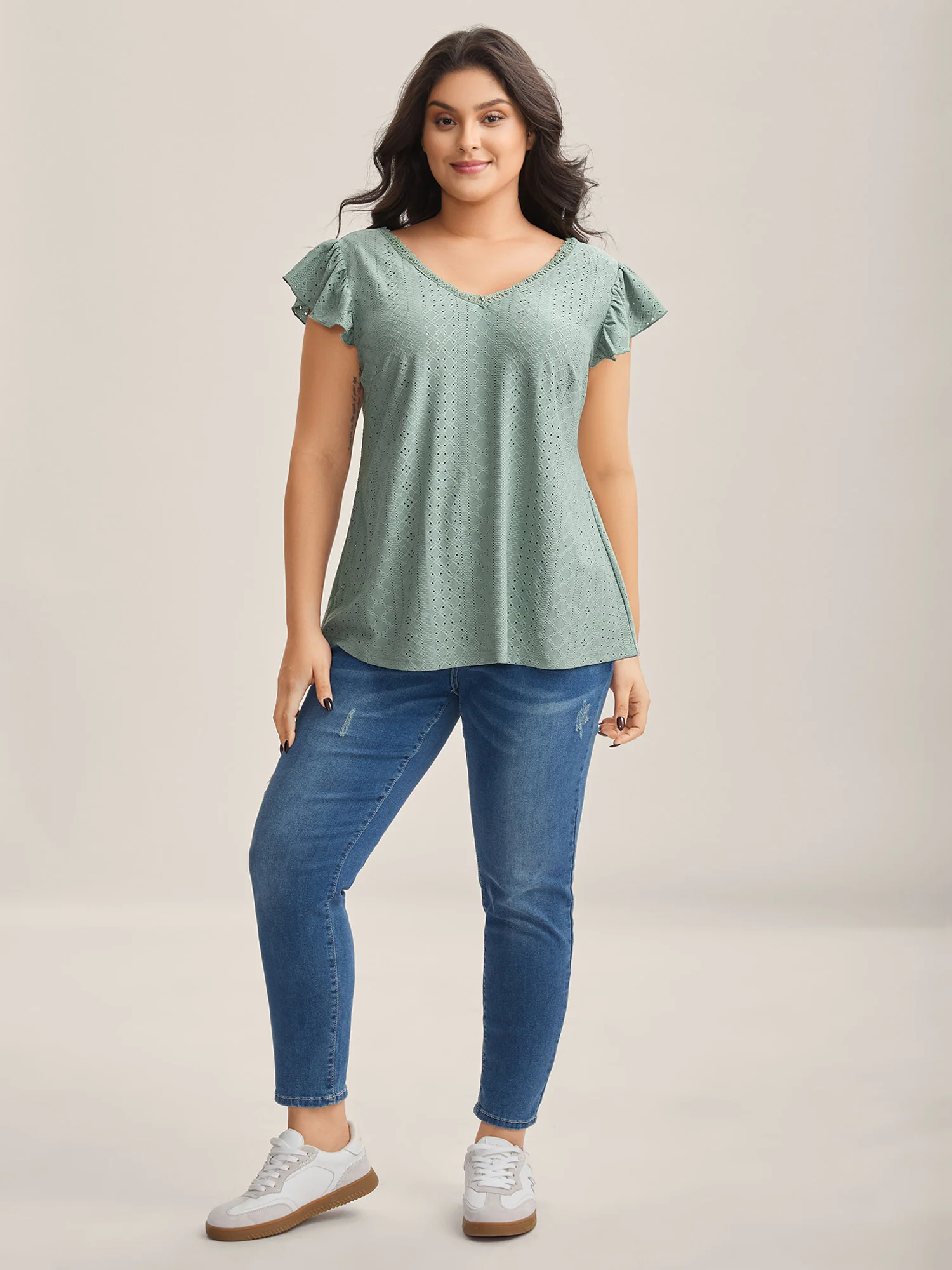 Eyelet Trim Flutter Sleeve Backless T-Shirt - Image 3