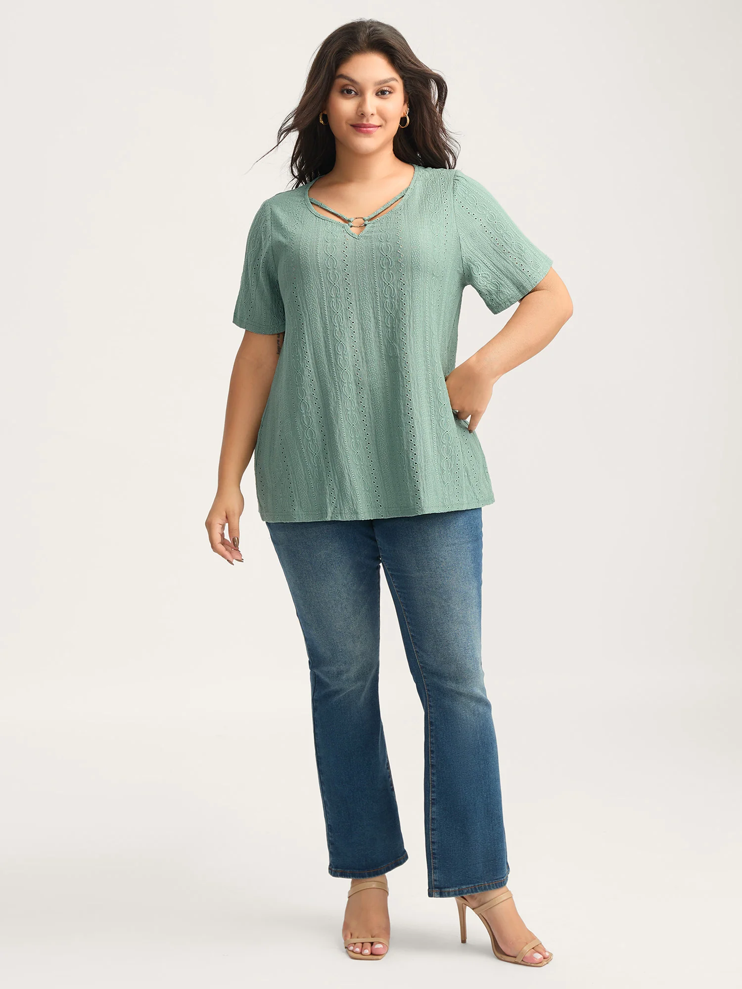 Eyelet Trim Metal Detail Knit Top - Image 3