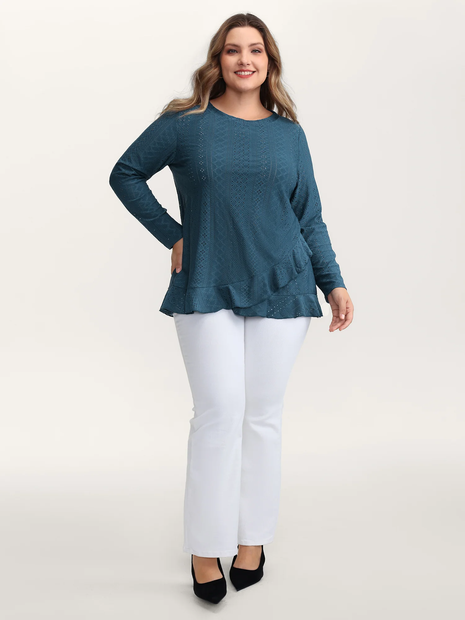 Eyelet Trim Overlap Ruffled Hem T-Shirt - Image 3