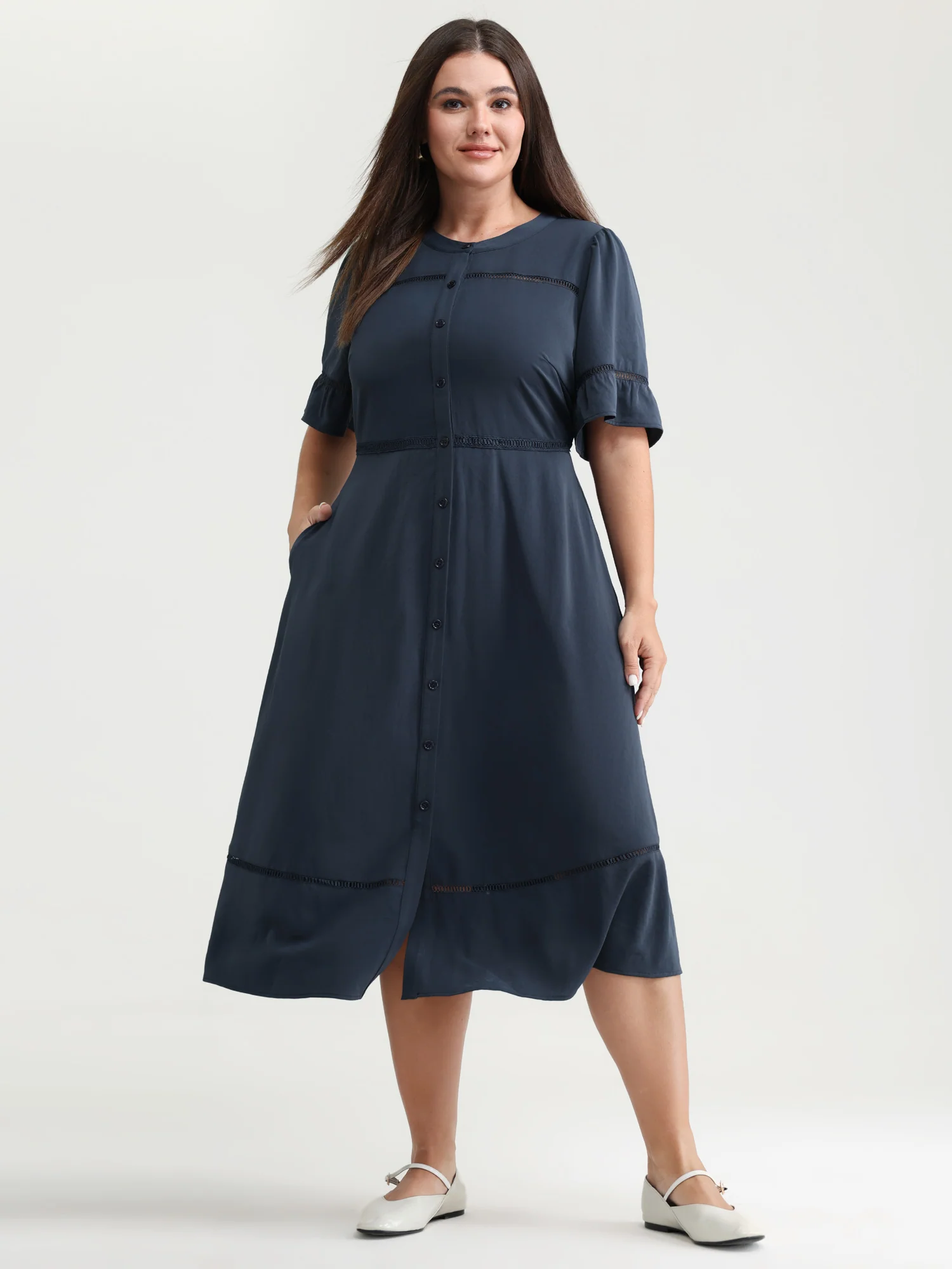 Eyelet Trim Pockets Button-Placket Midi Dress - Image 2
