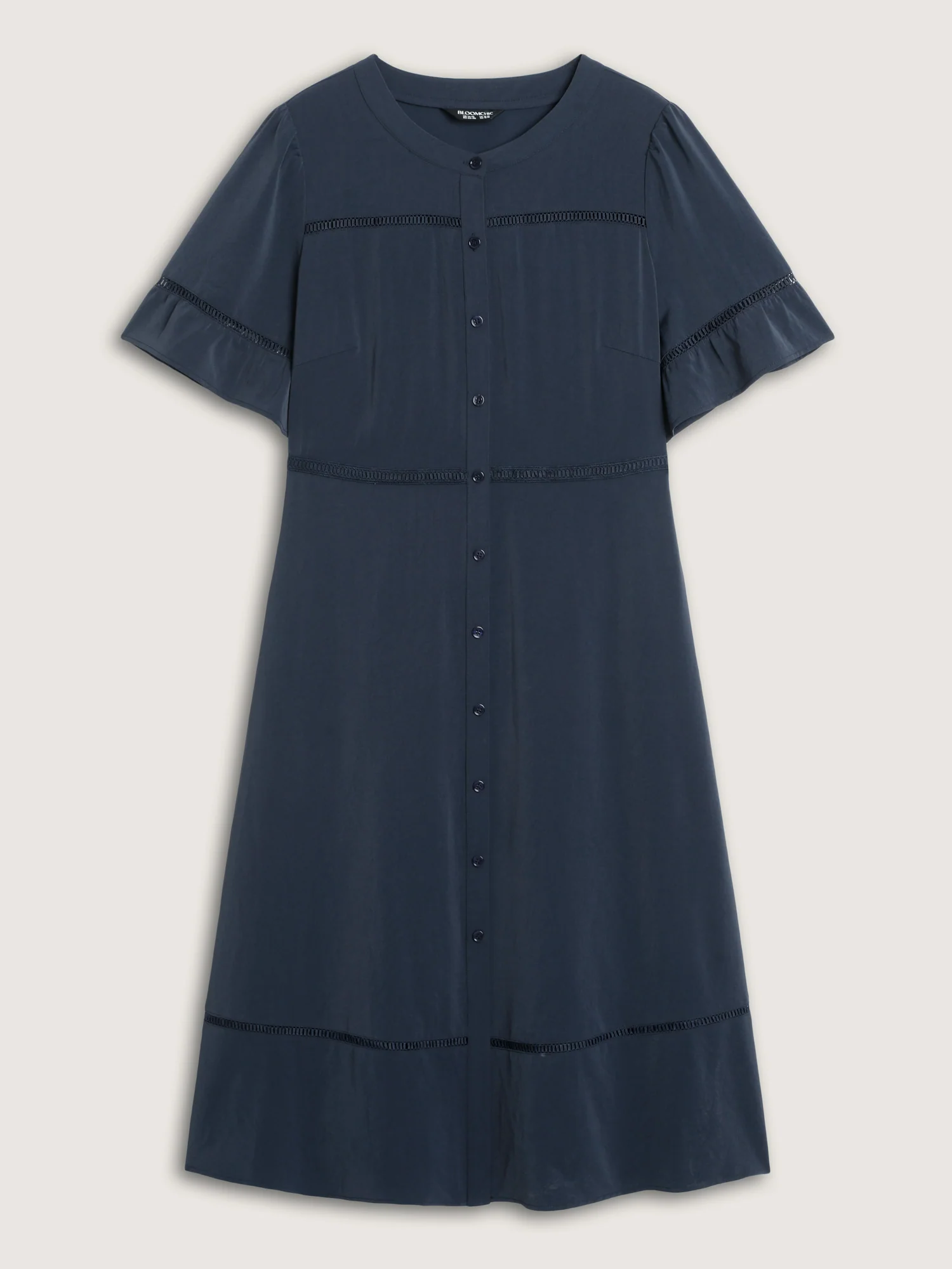 Eyelet Trim Pockets Button-Placket Midi Dress - Image 7