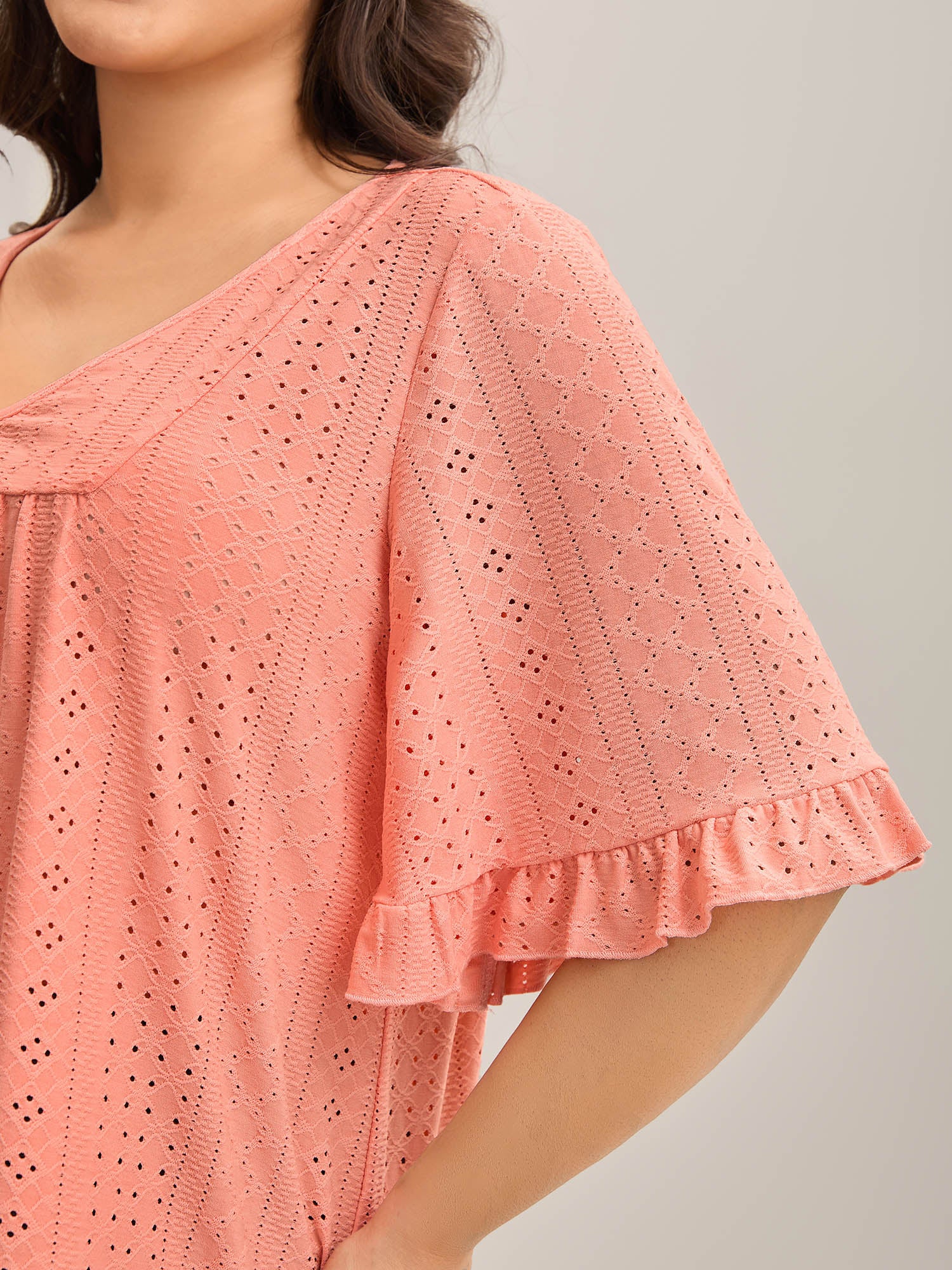 Eyelet Trim Ruffled Sleeve Knit Top - Image 2