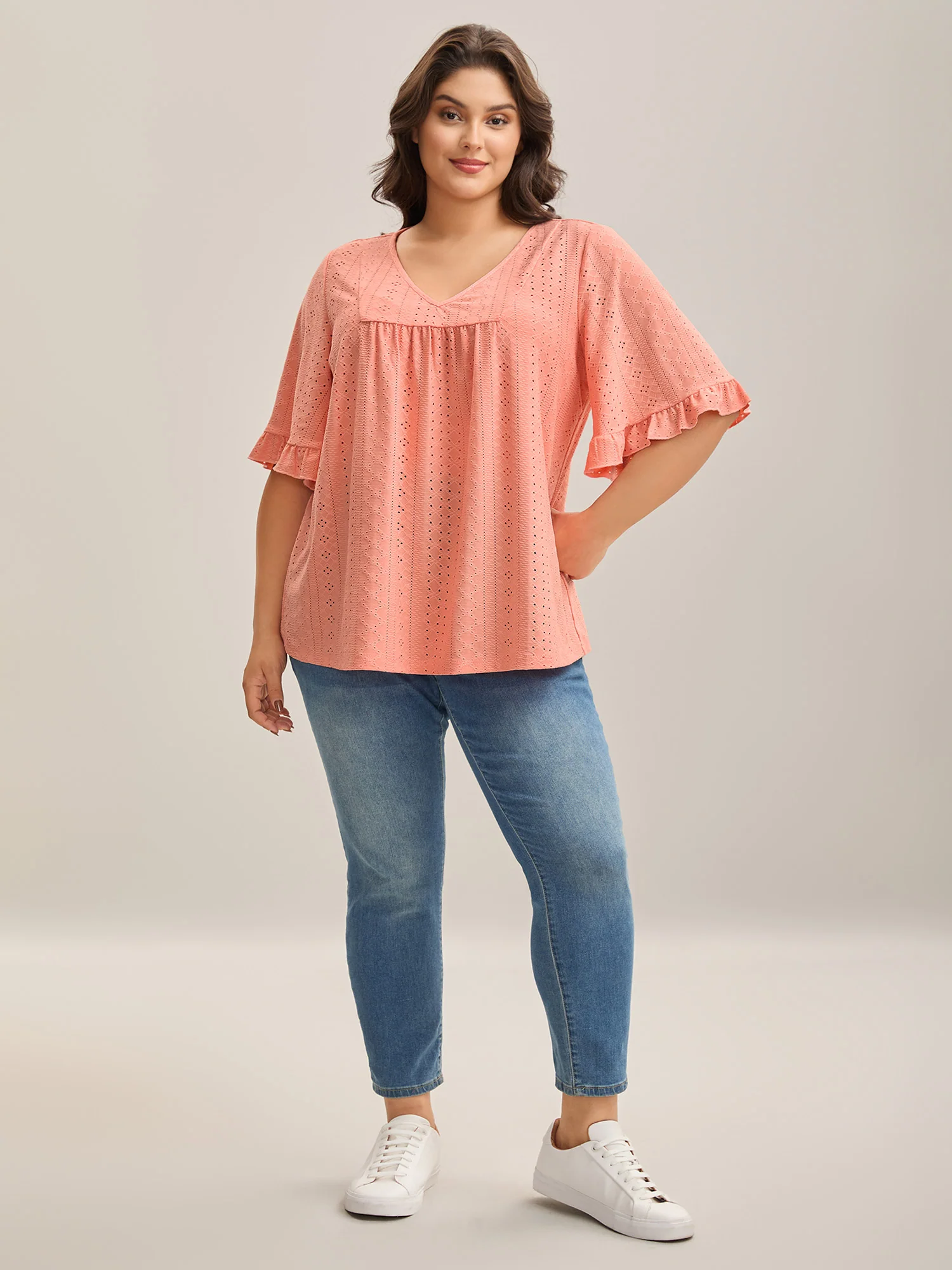 Eyelet Trim Ruffled Sleeve Knit Top - Image 3