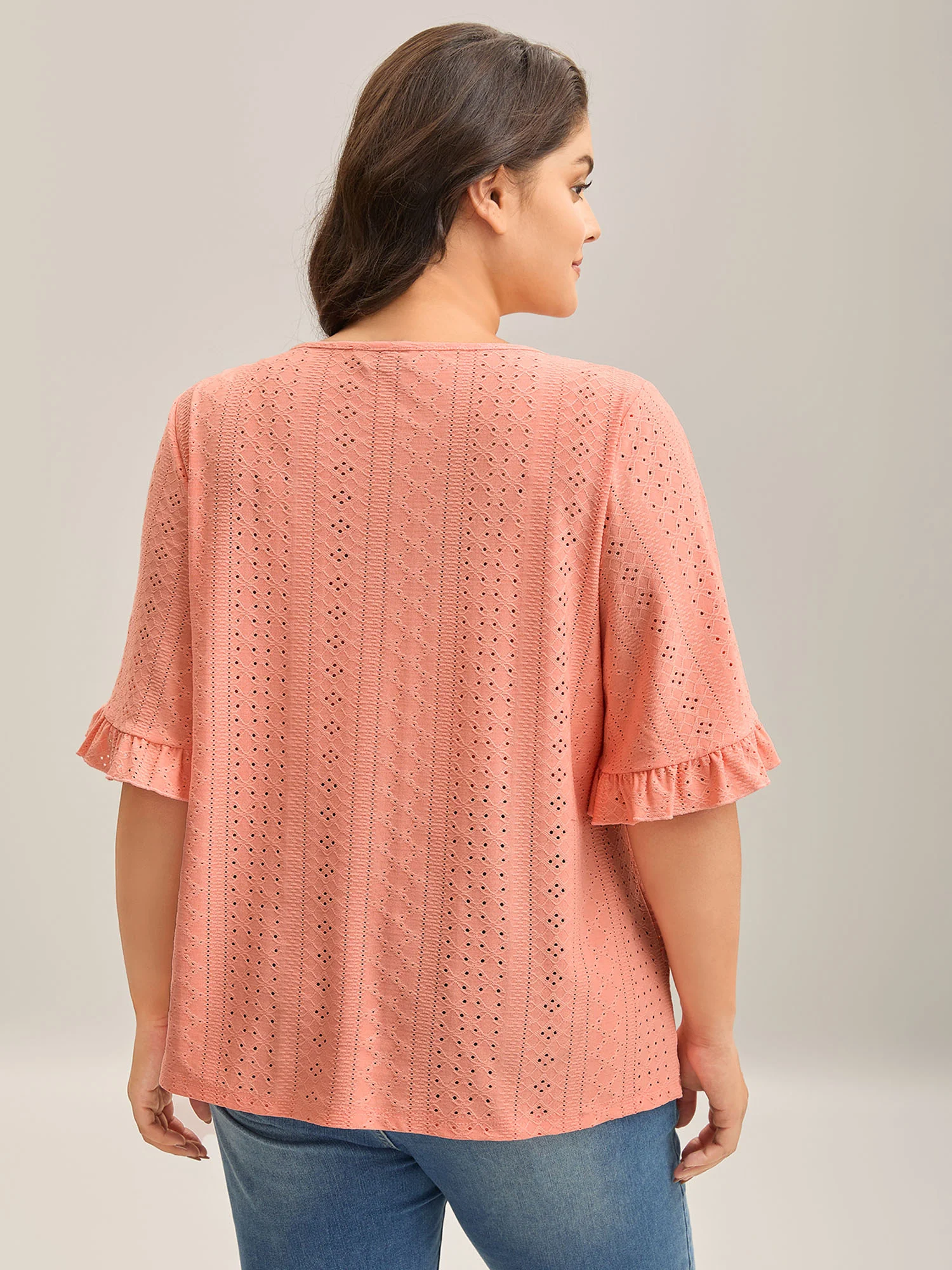 Eyelet Trim Ruffled Sleeve Knit Top - Image 4