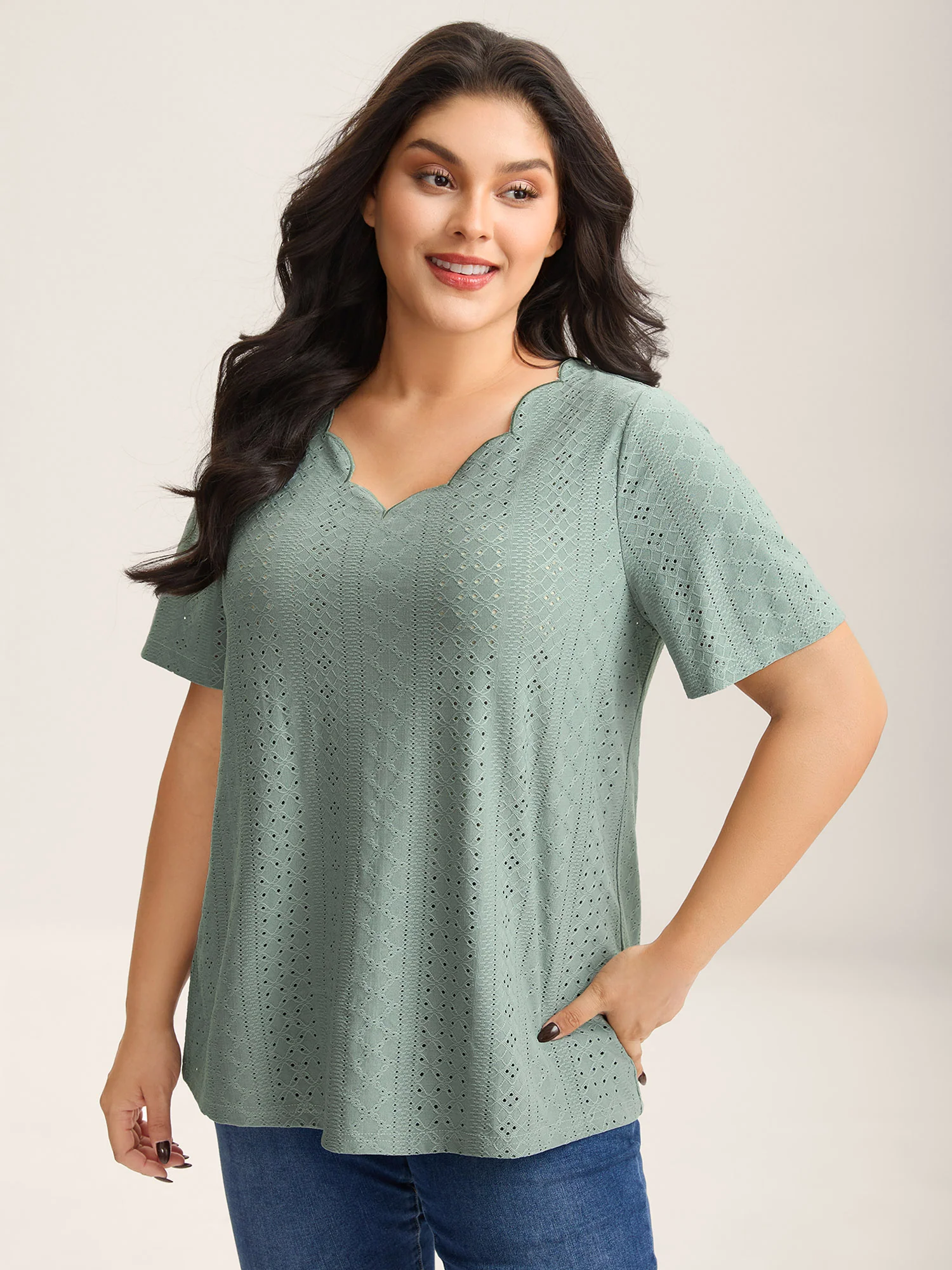 Eyelet Trim Scalloped Neck Stretchy T-Shirt - Image 2
