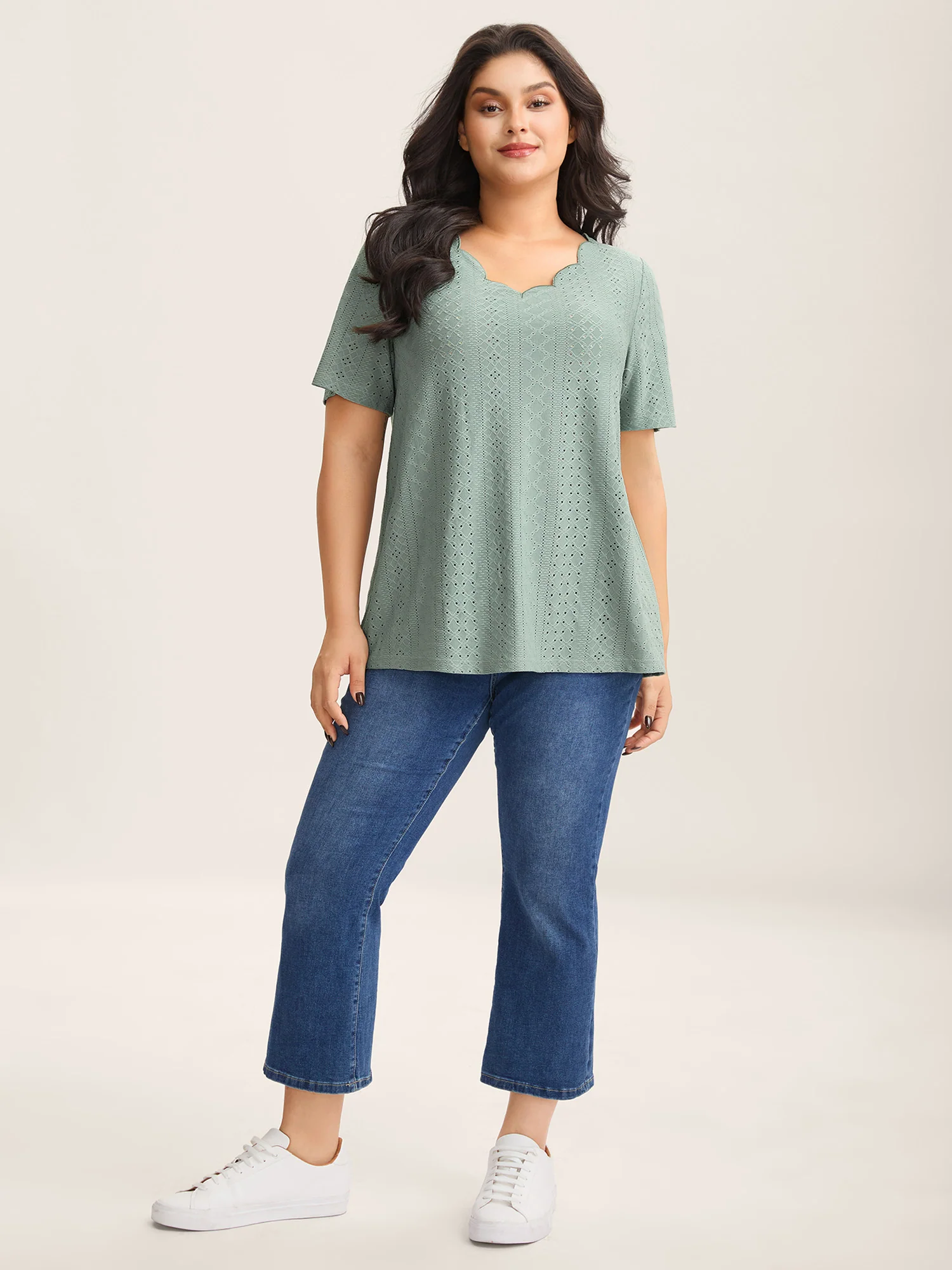 Eyelet Trim Scalloped Neck Stretchy T-Shirt - Image 3