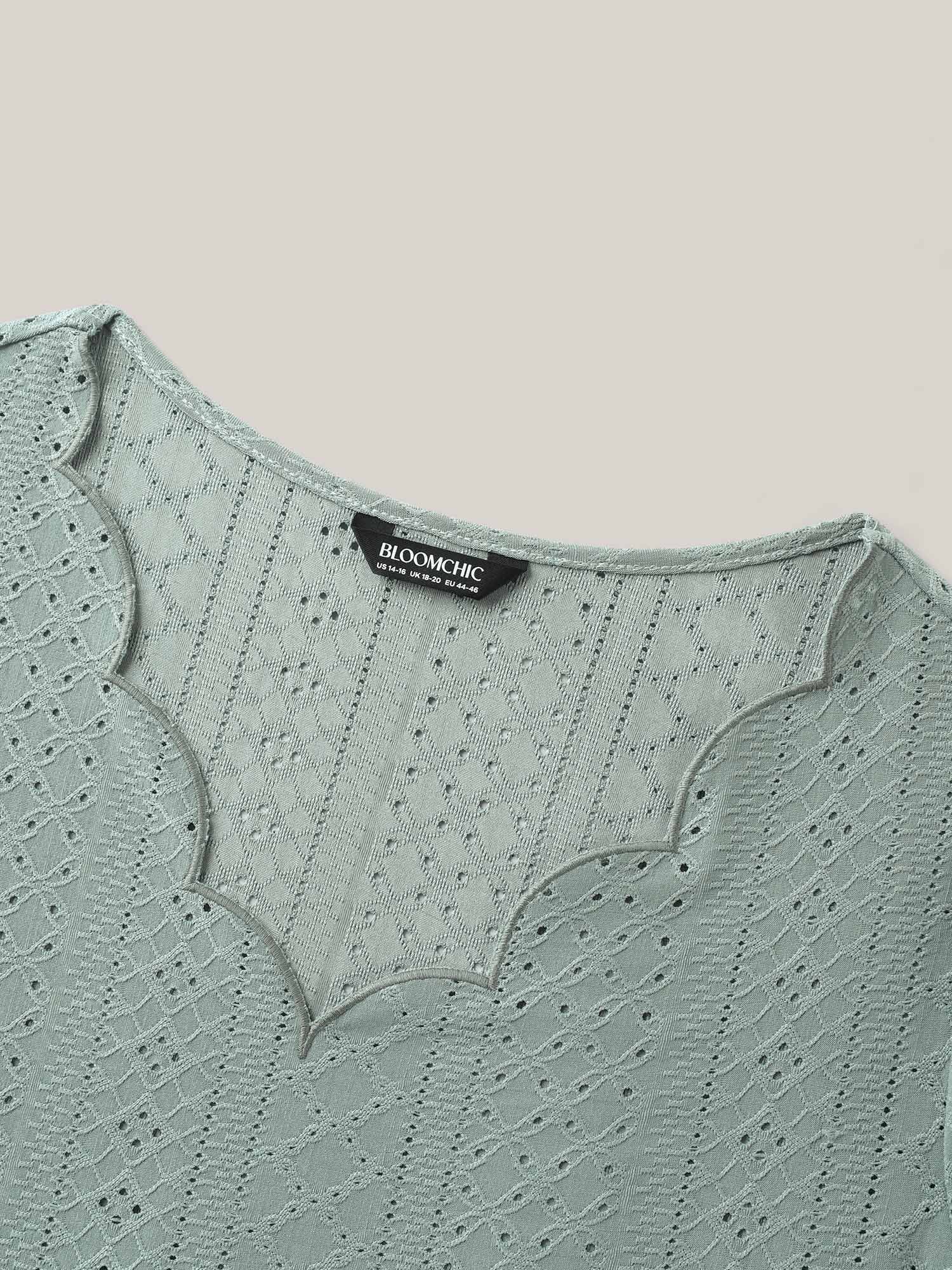 Eyelet Trim Scalloped Neck Stretchy T-Shirt - Image 5