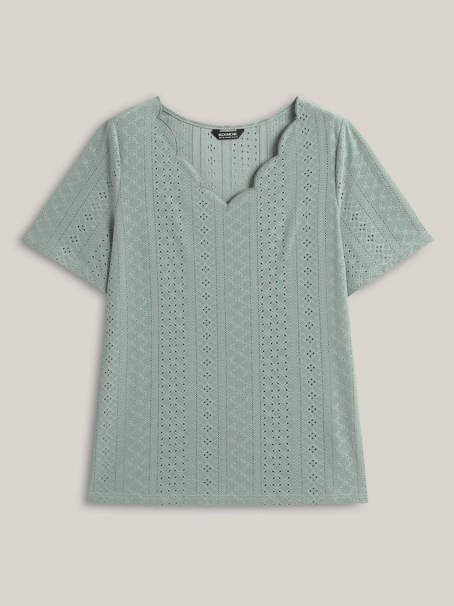 Eyelet Trim Scalloped Neck Stretchy T-Shirt - Image 7