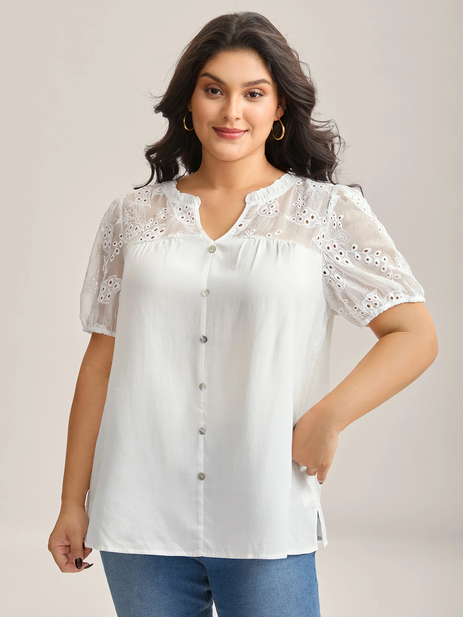 Eyelet Trim Sheer Button Detail Blouse - Image 2