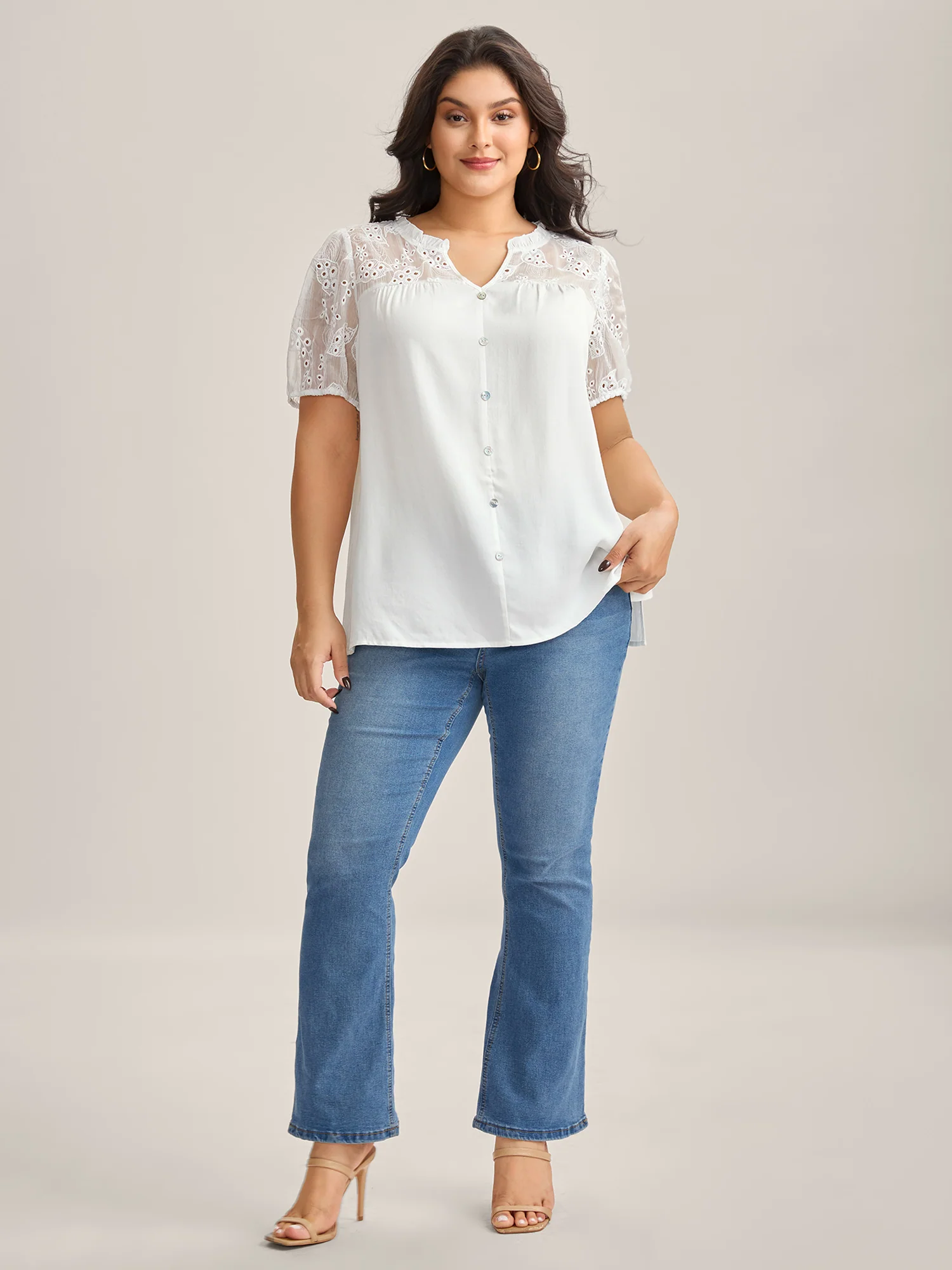 Eyelet Trim Sheer Button Detail Blouse - Image 3