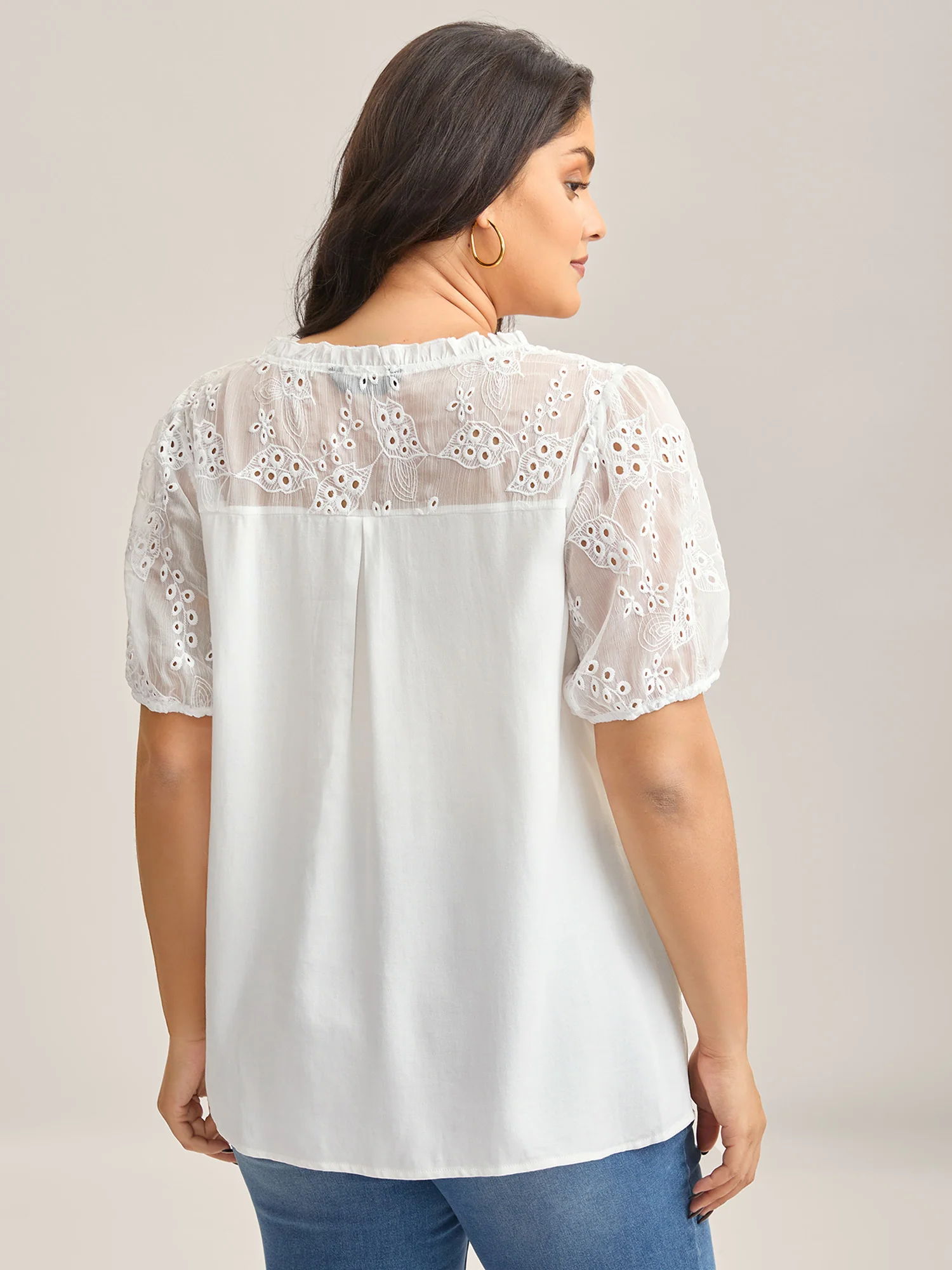 Eyelet Trim Sheer Button Detail Blouse - Image 4