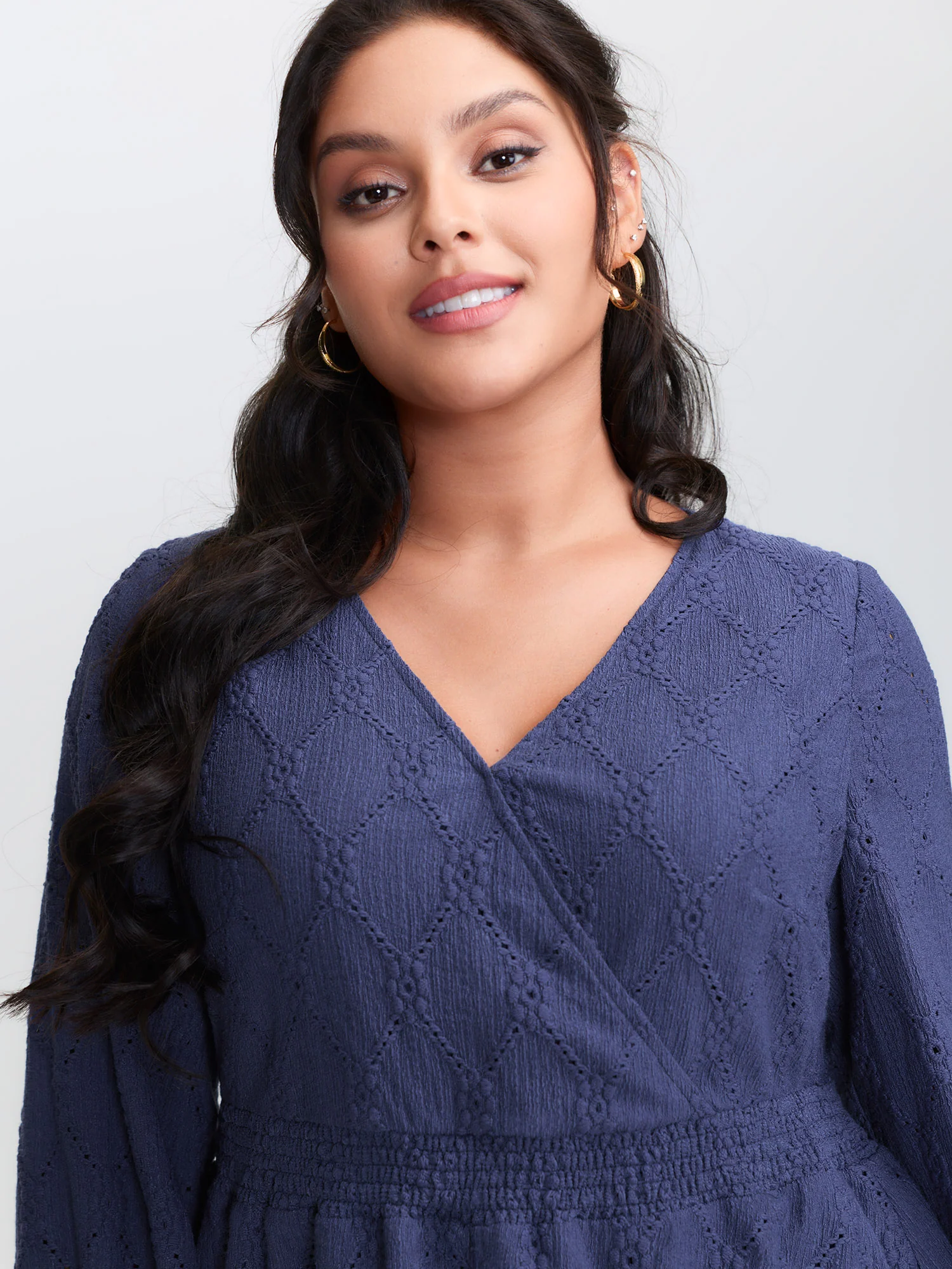 Eyelet Trim Shirred Waist Flared Top - Image 2