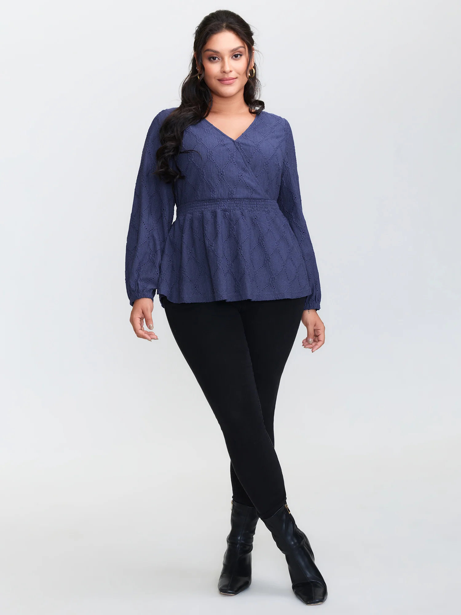 Eyelet Trim Shirred Waist Flared Top - Image 3