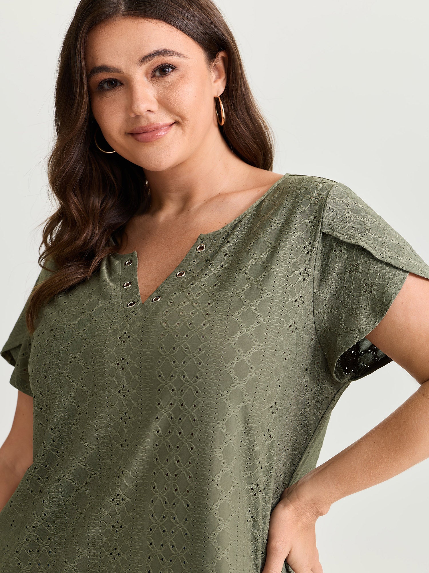 Eyelet Trim Split Neckline Knit Top - Image 2