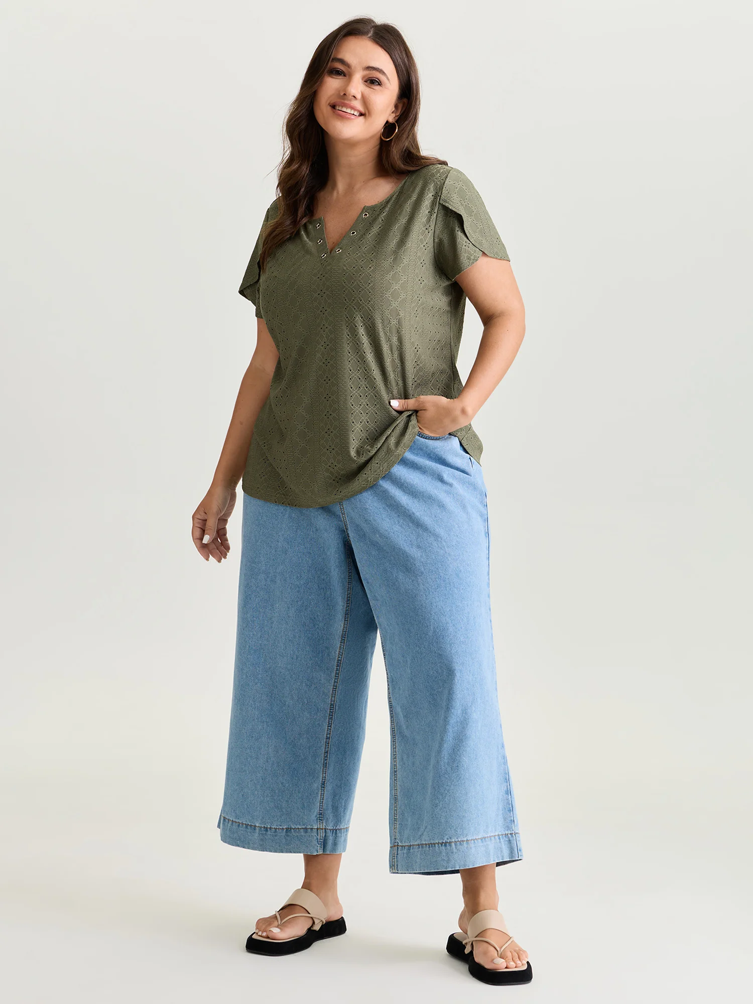 Eyelet Trim Split Neckline Knit Top - Image 3