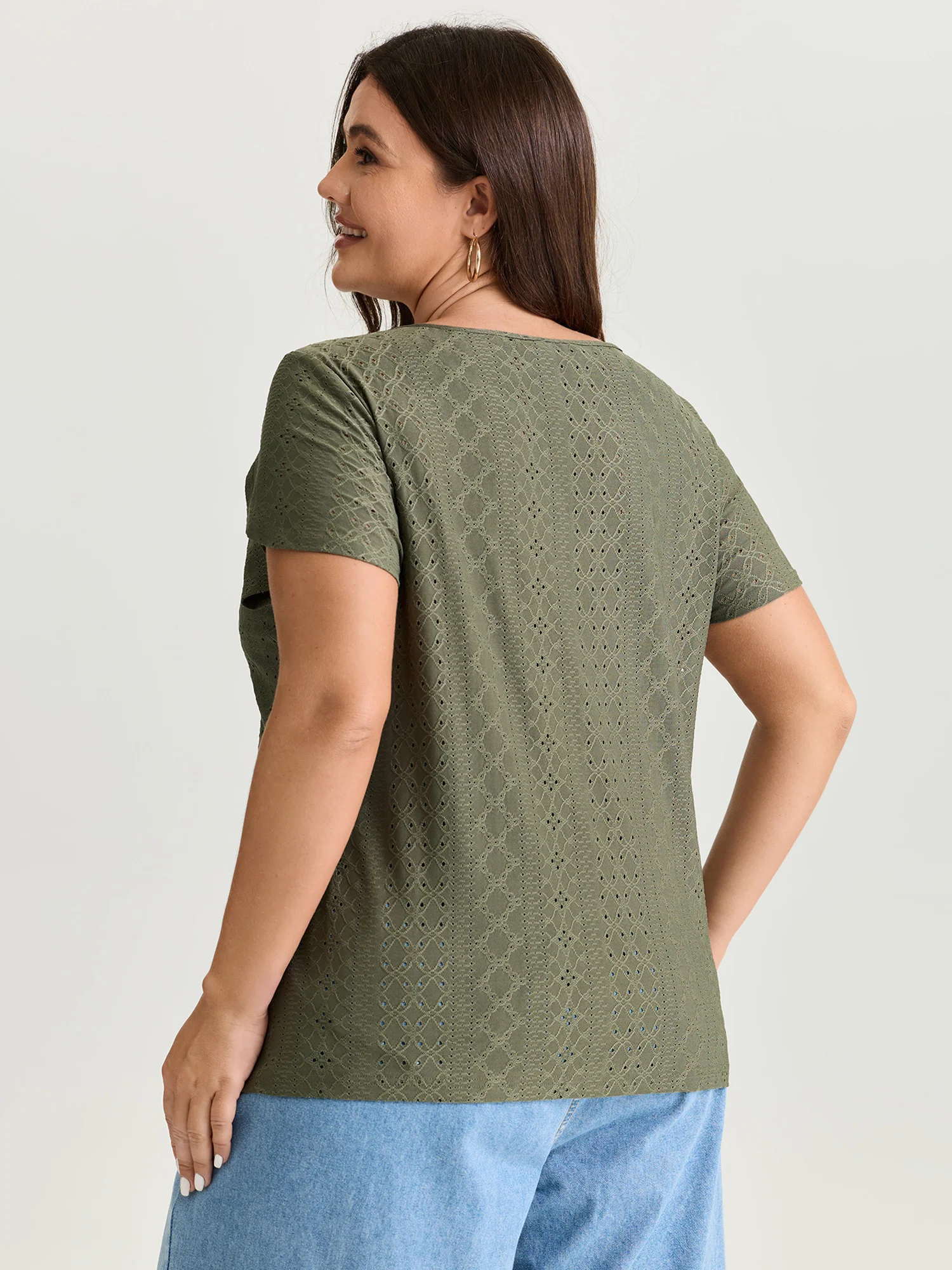 Eyelet Trim Split Neckline Knit Top - Image 4