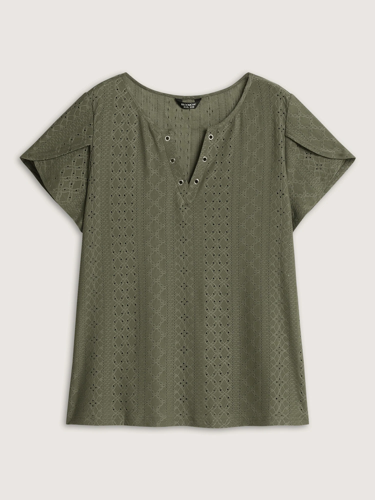 Eyelet Trim Split Neckline Knit Top - Image 7